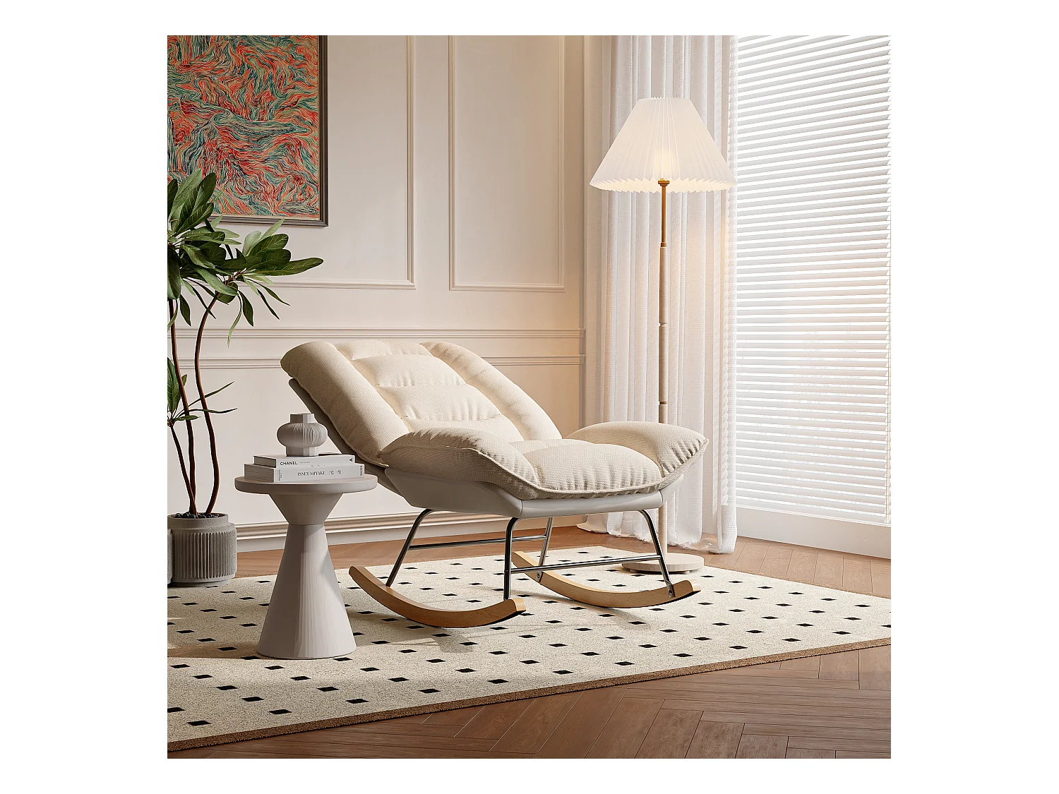 Rocking Ergonomique avec Coussin Beige et Structure Grise, Design Moderne en Tissu / Simili Cuir