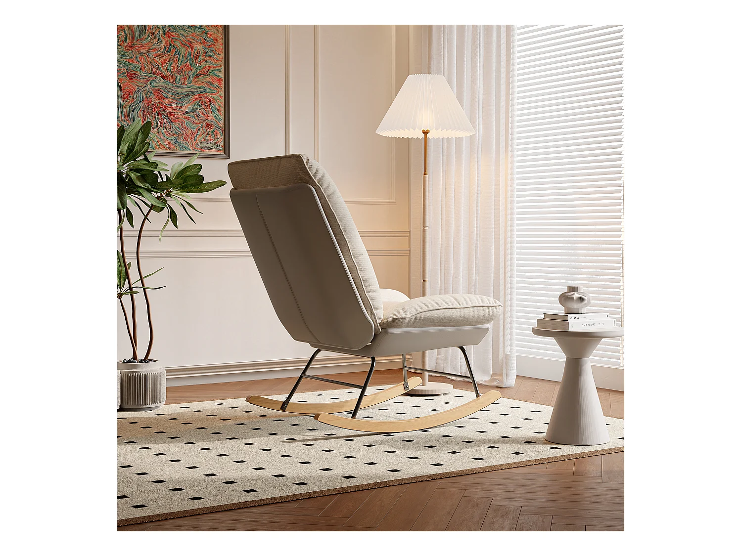 Rocking Ergonomique avec Coussin Beige et Structure Grise, Design Moderne en Tissu / Simili Cuir