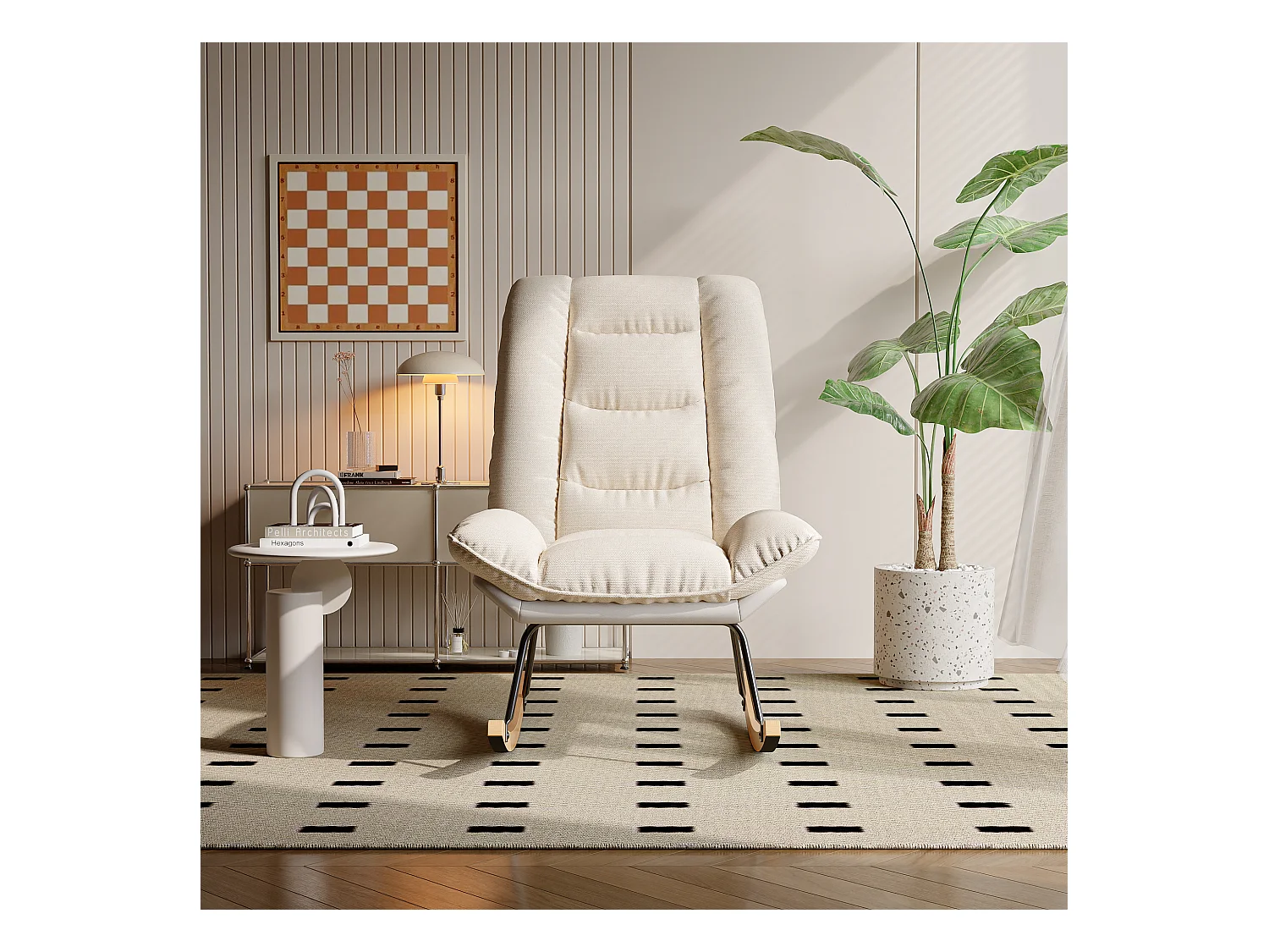 Rocking Ergonomique avec Coussin Beige et Structure Grise, Design Moderne en Tissu / Simili Cuir