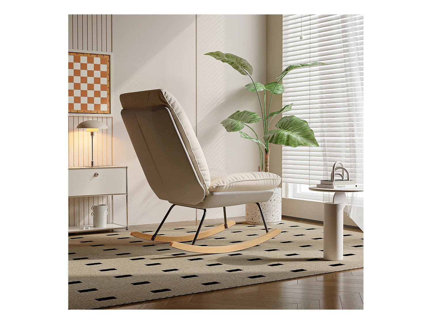 Rocking Ergonomique avec Coussin Beige et Structure Grise, Design Moderne en Tissu / Simili Cuir