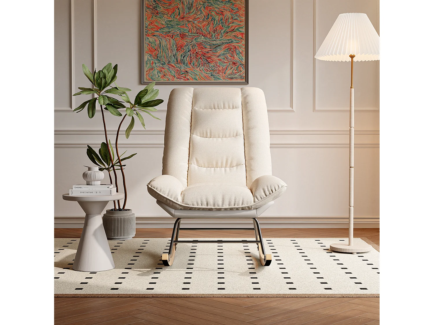 Rocking Ergonomique avec Coussin Beige et Structure Grise, Design Moderne en Tissu / Simili Cuir