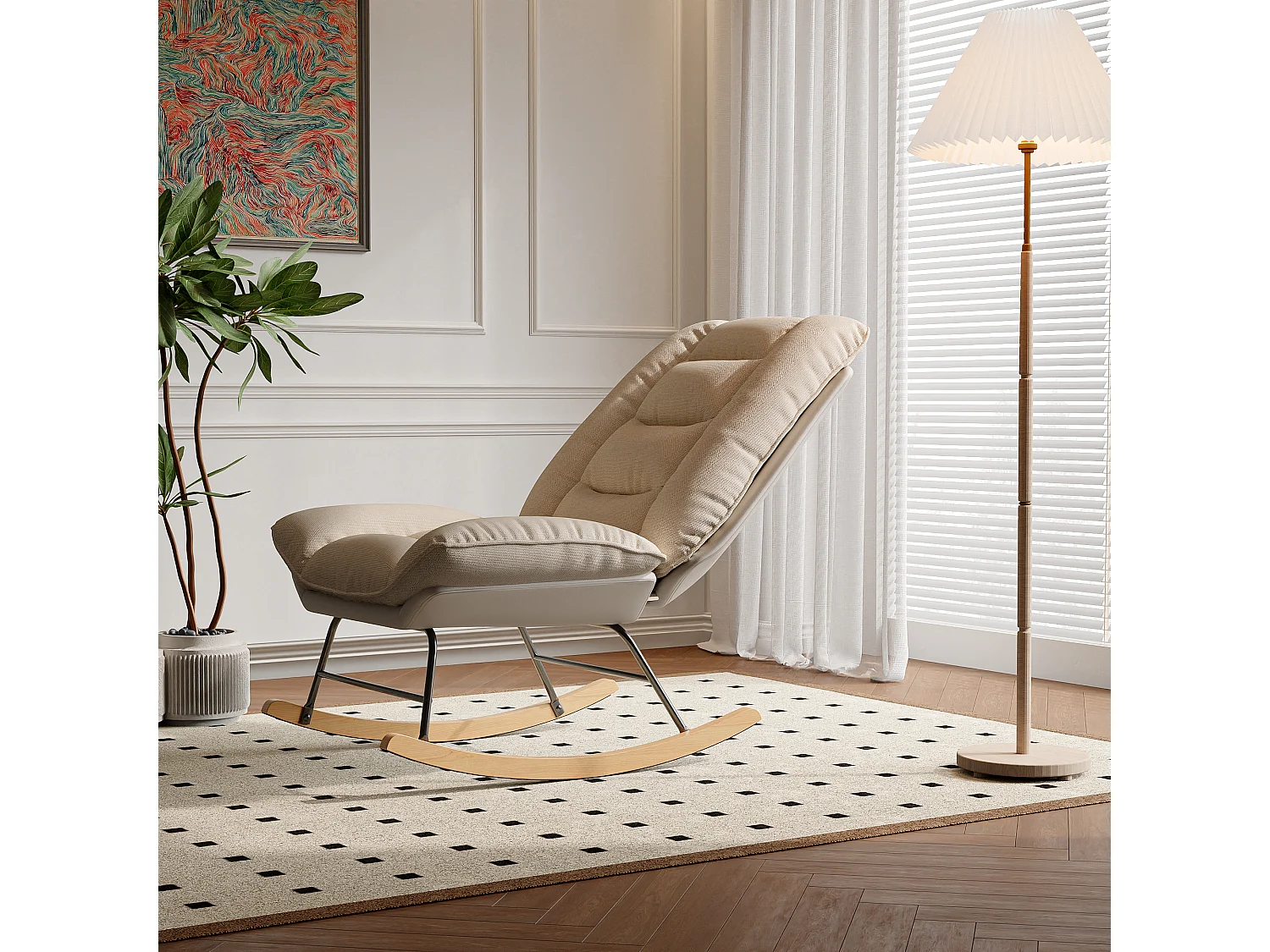 Rocking Ergonomique avec Coussin Beige et Structure Grise, Design Moderne en Tissu / Simili Cuir