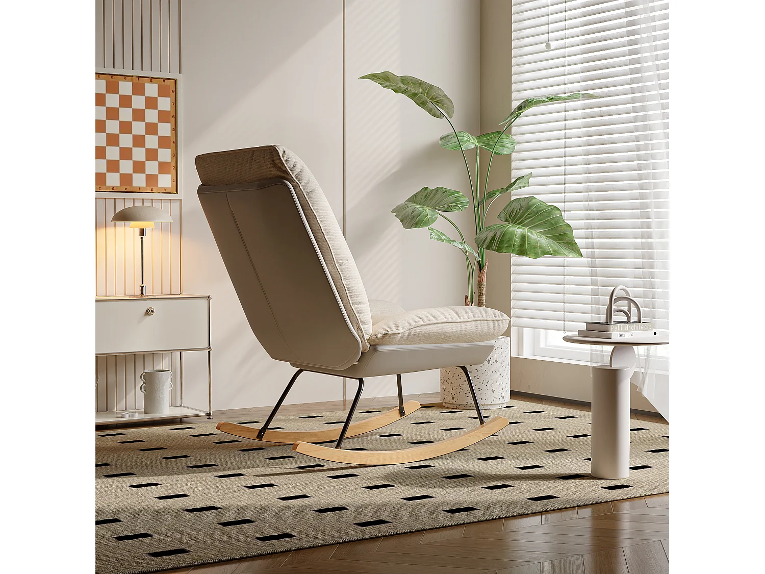 Rocking Ergonomique avec Coussin Beige et Structure Grise, Design Moderne en Tissu / Simili Cuir