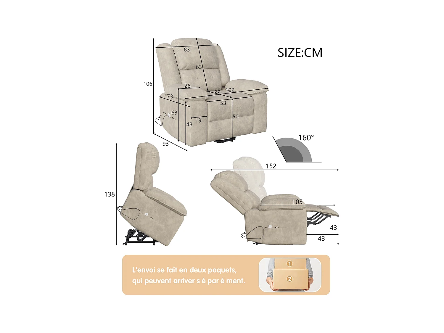 Poltrona reclinável elétrica 160° com controle remoto, massagem de 8 pontos + massagem lombar de 2 pontos, couro PU, marrom