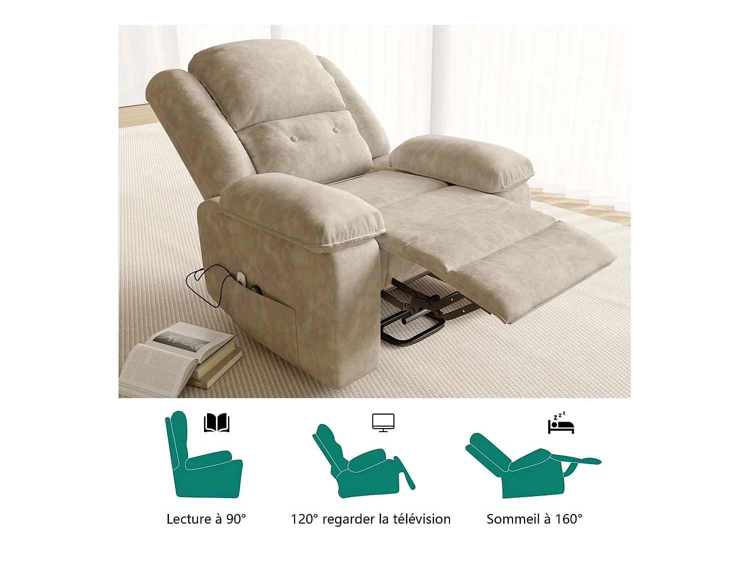 Poltrona reclinável elétrica 160° com controle remoto, massagem de 8 pontos + massagem lombar de 2 pontos, couro PU, marrom