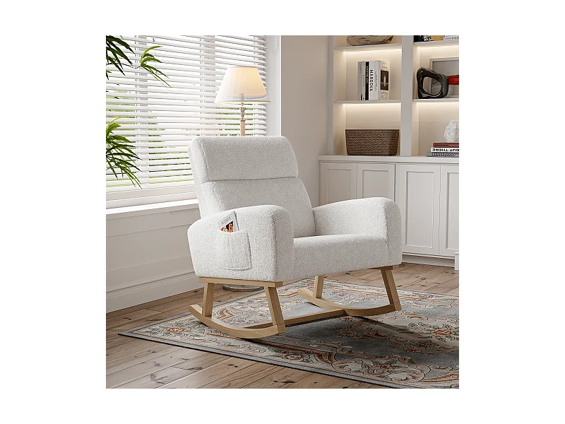 Cadeira de balanço para quarto e sala de estar, cadeira de balanço com pernas de madeira maciça, material de pele de cordeiro branca, branco