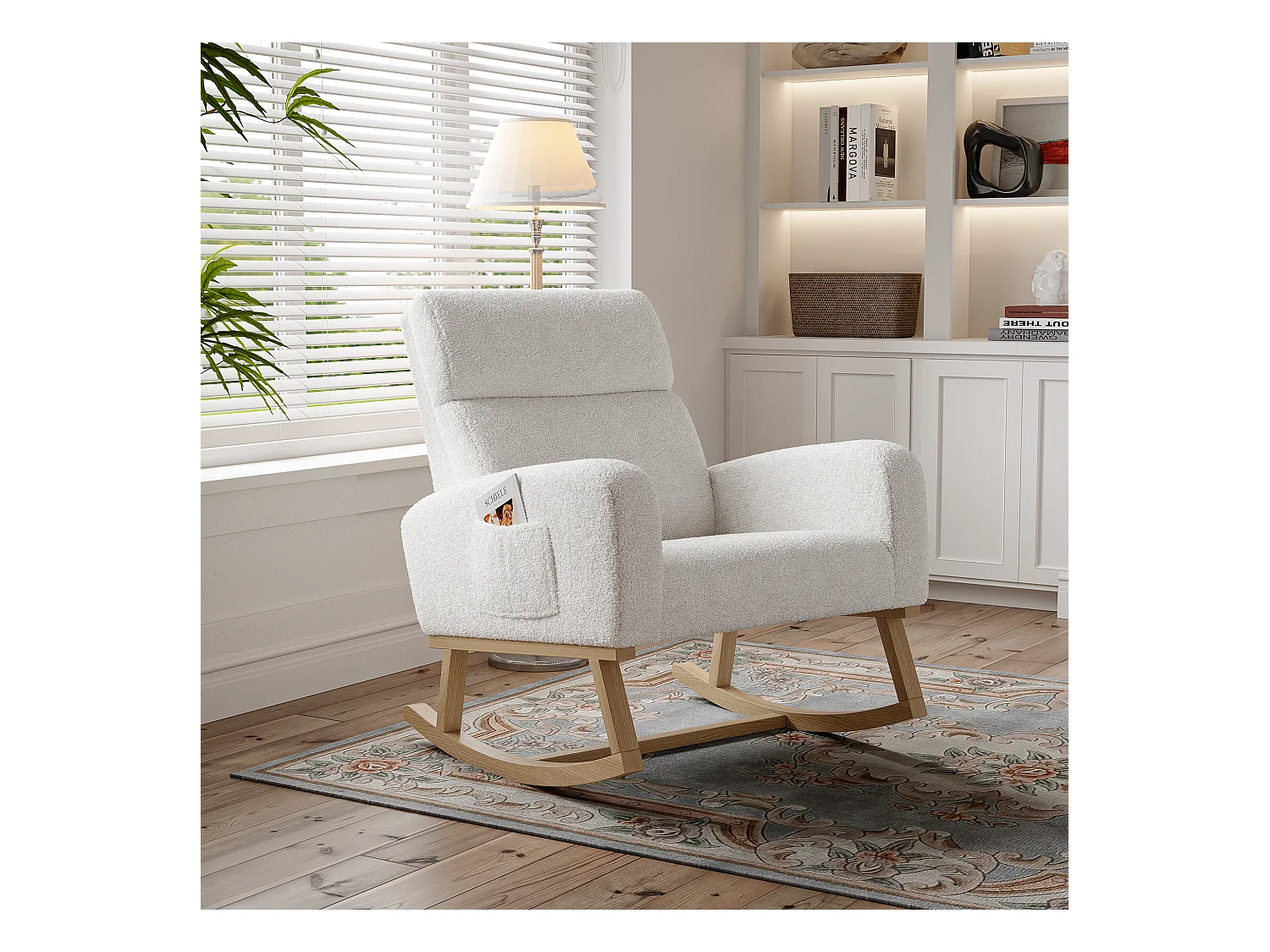Fauteuil à bascule en polaire d'agneau avec 2 poches latérales, assise large et confortable, blanc