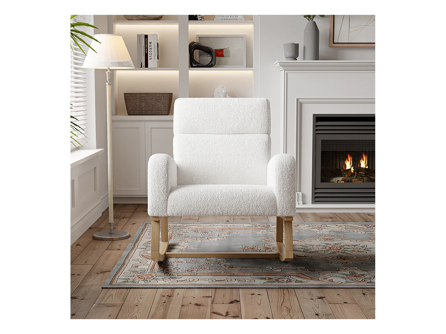Fauteuil à bascule en polaire d'agneau avec 2 poches latérales, assise large et confortable, blanc