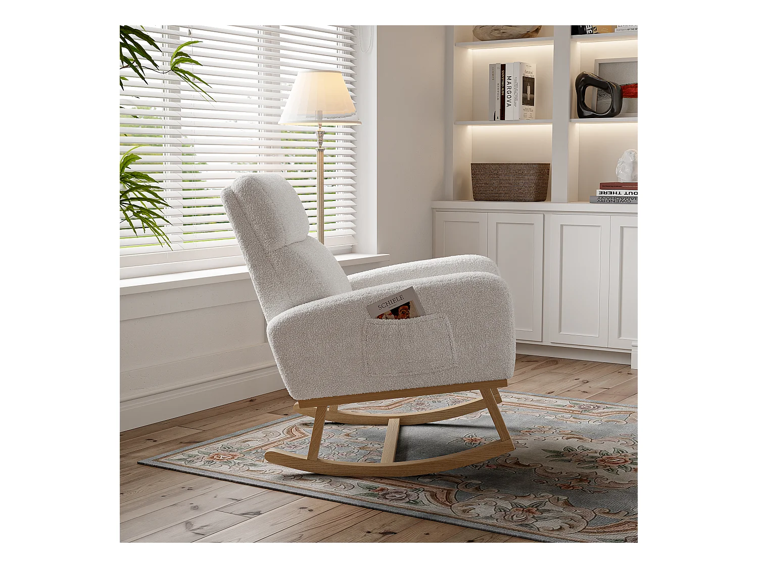 Fauteuil à bascule en polaire d'agneau avec 2 poches latérales, assise large et confortable, blanc