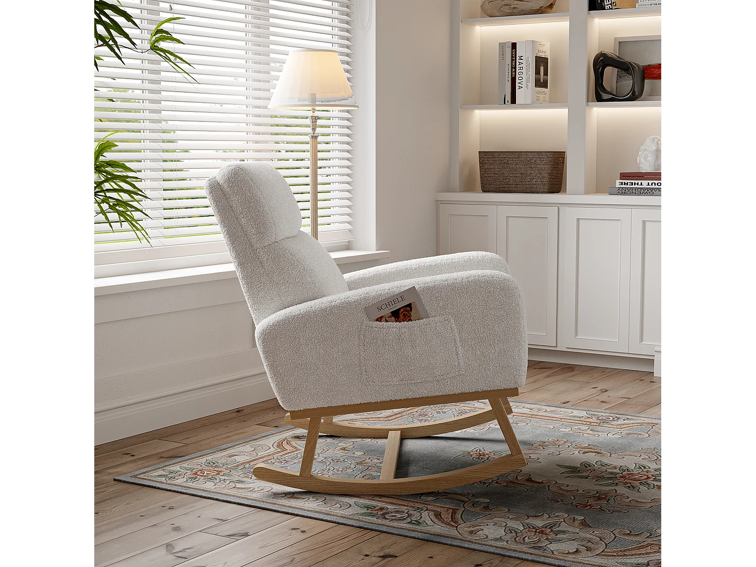 Fauteuil à bascule en polaire d'agneau avec 2 poches latérales, assise large et confortable, blanc