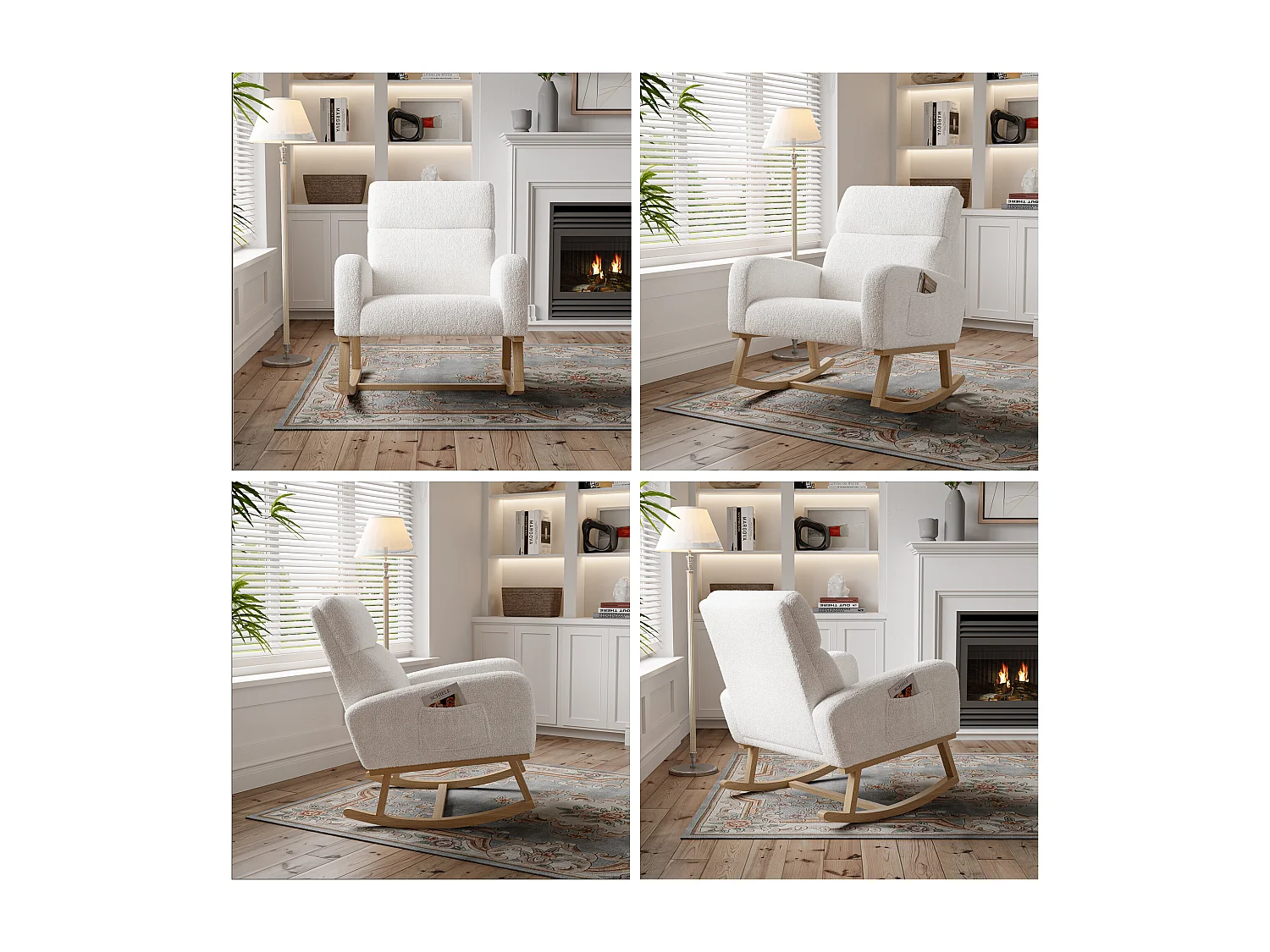 Fauteuil à bascule en polaire d'agneau avec 2 poches latérales, assise large et confortable, blanc