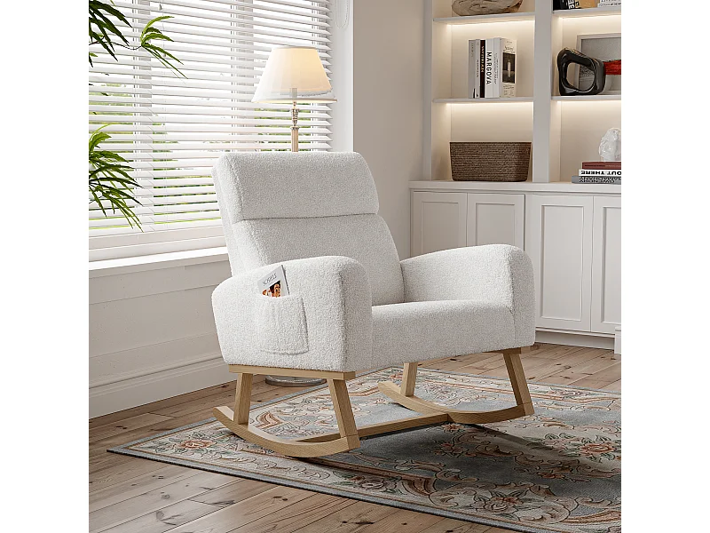 Fauteuil à bascule en polaire d'agneau avec 2 poches latérales, assise large et confortable, blanc