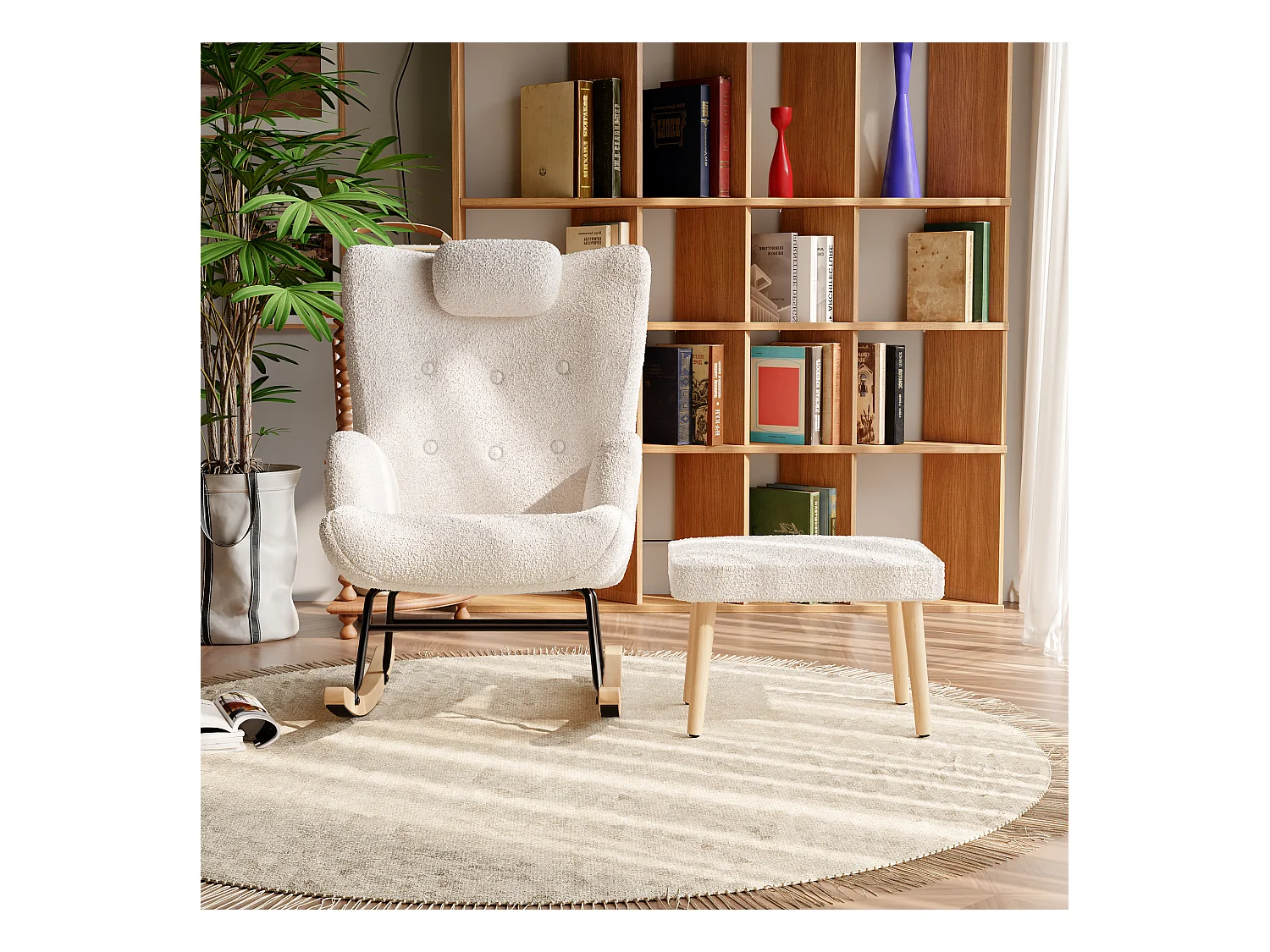 Chaise de Lecture avec ottomane et Dossier réglable, avec Poche latérale pour Salon , Blanc