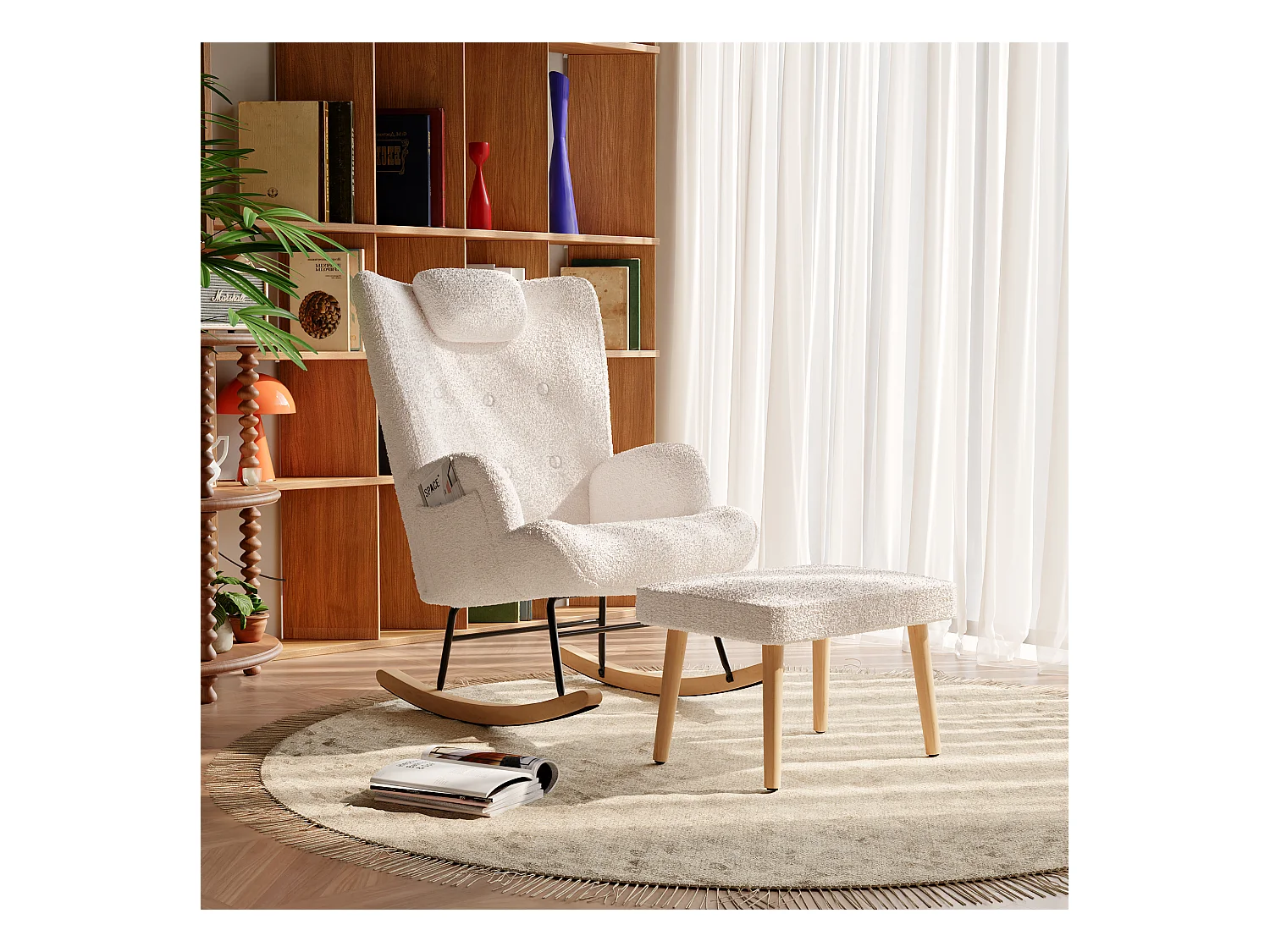 Cadeira de Leitura com Pufe e Encosto Ajustável, com Bolso Lateral para Sala de Estar, Branca