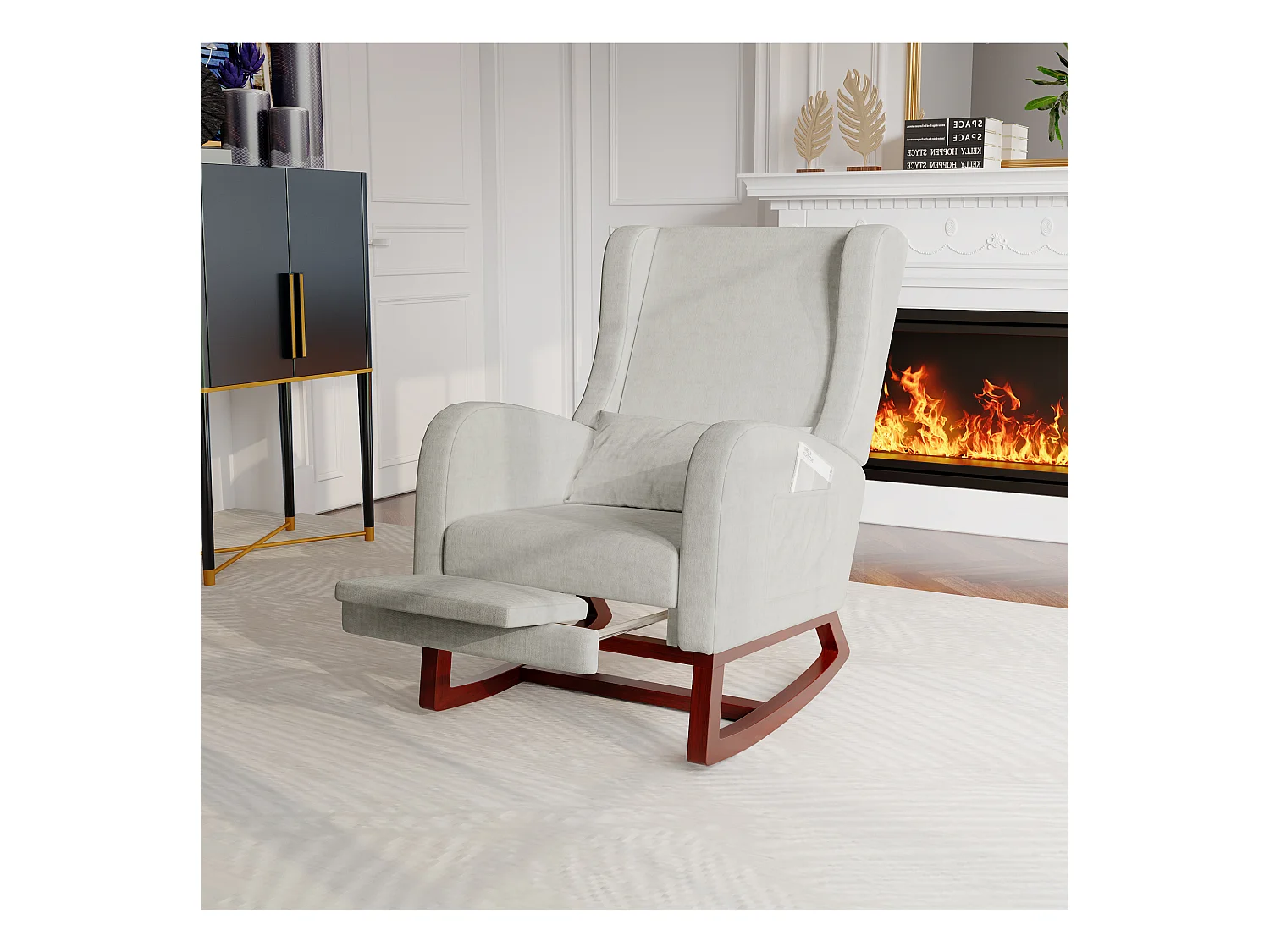 Fauteuil à bascule avec repose-pieds, pieds antidérapants en bois massif,  chaise à bascule, gris