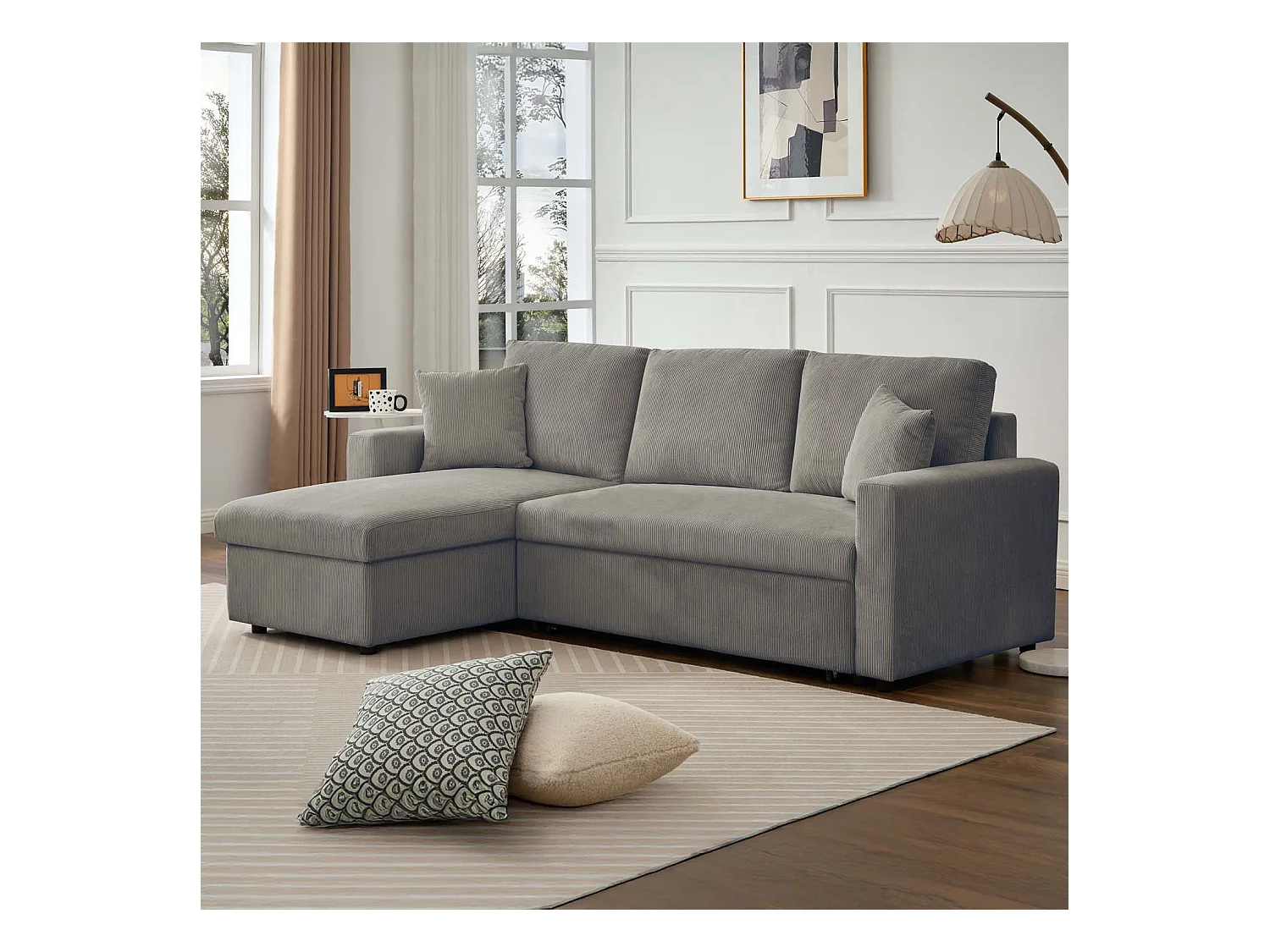 Canapé d'angle convertible Rico velours côtelé Taupe