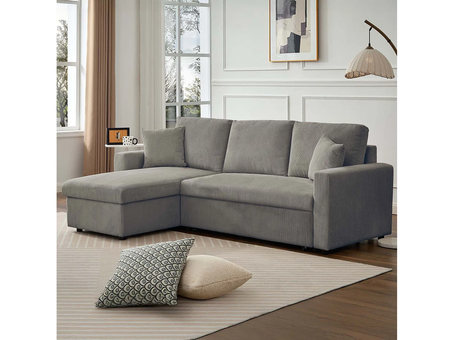 Canapé d'angle convertible Rico velours côtelé Taupe