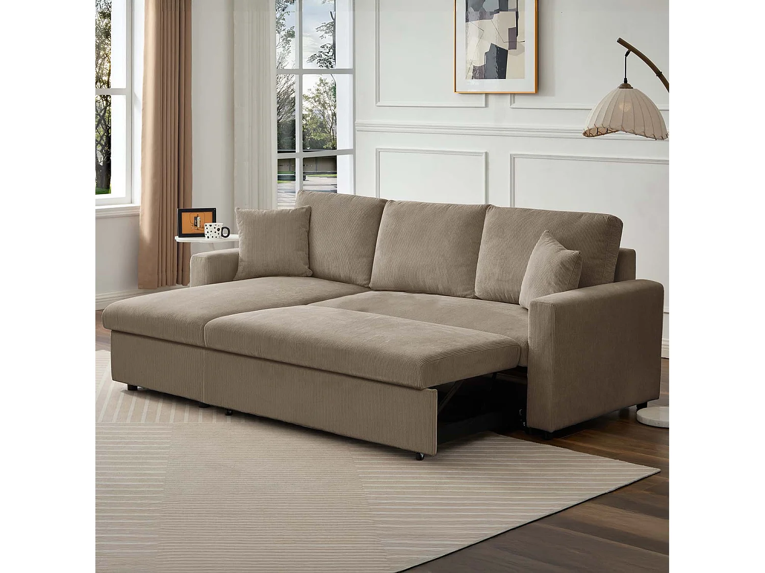 Canapé d'angle convertible Rico velours côtelé Taupe