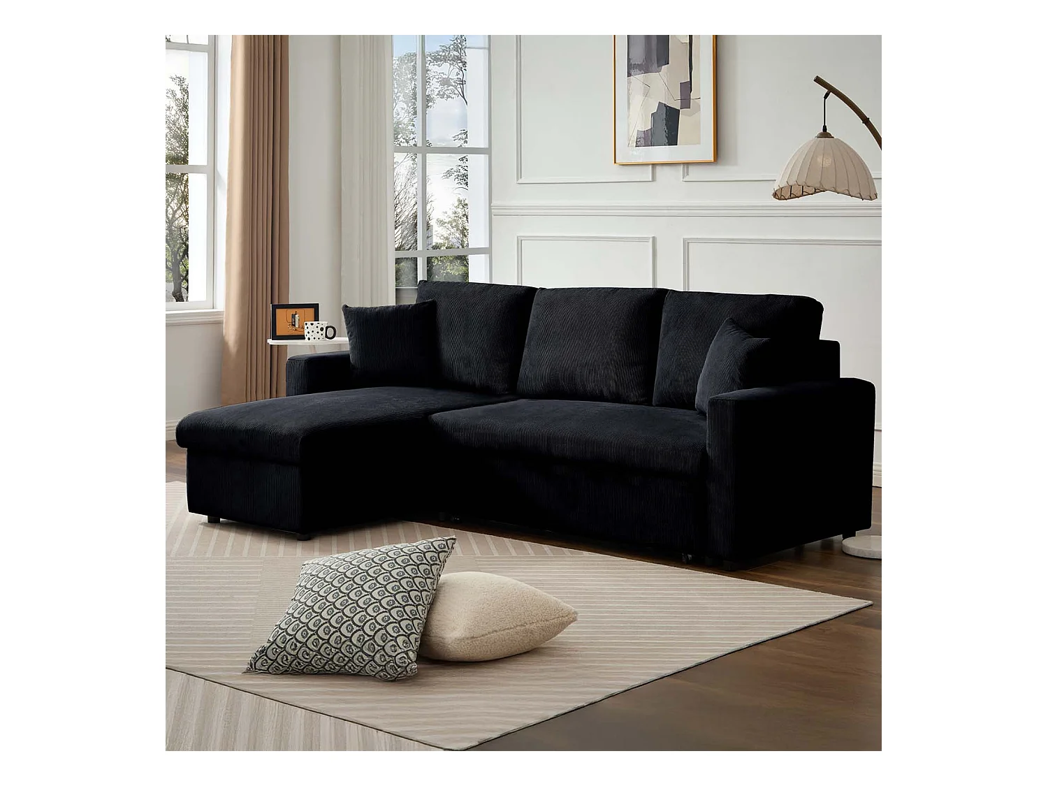 Canapé d'angle convertible Rico velours côtelé Noir