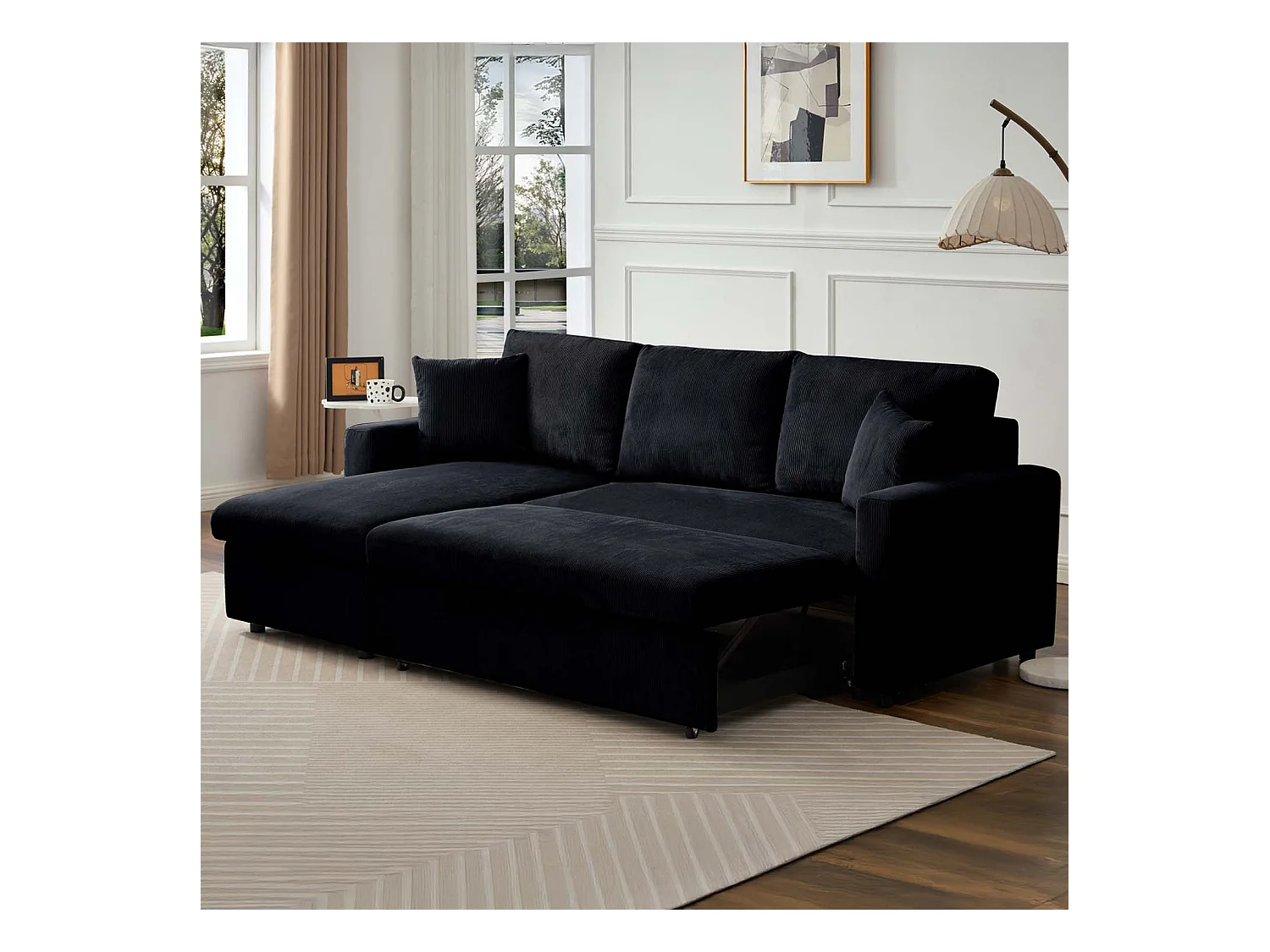 Canapé d'angle convertible Rico velours côtelé Noir