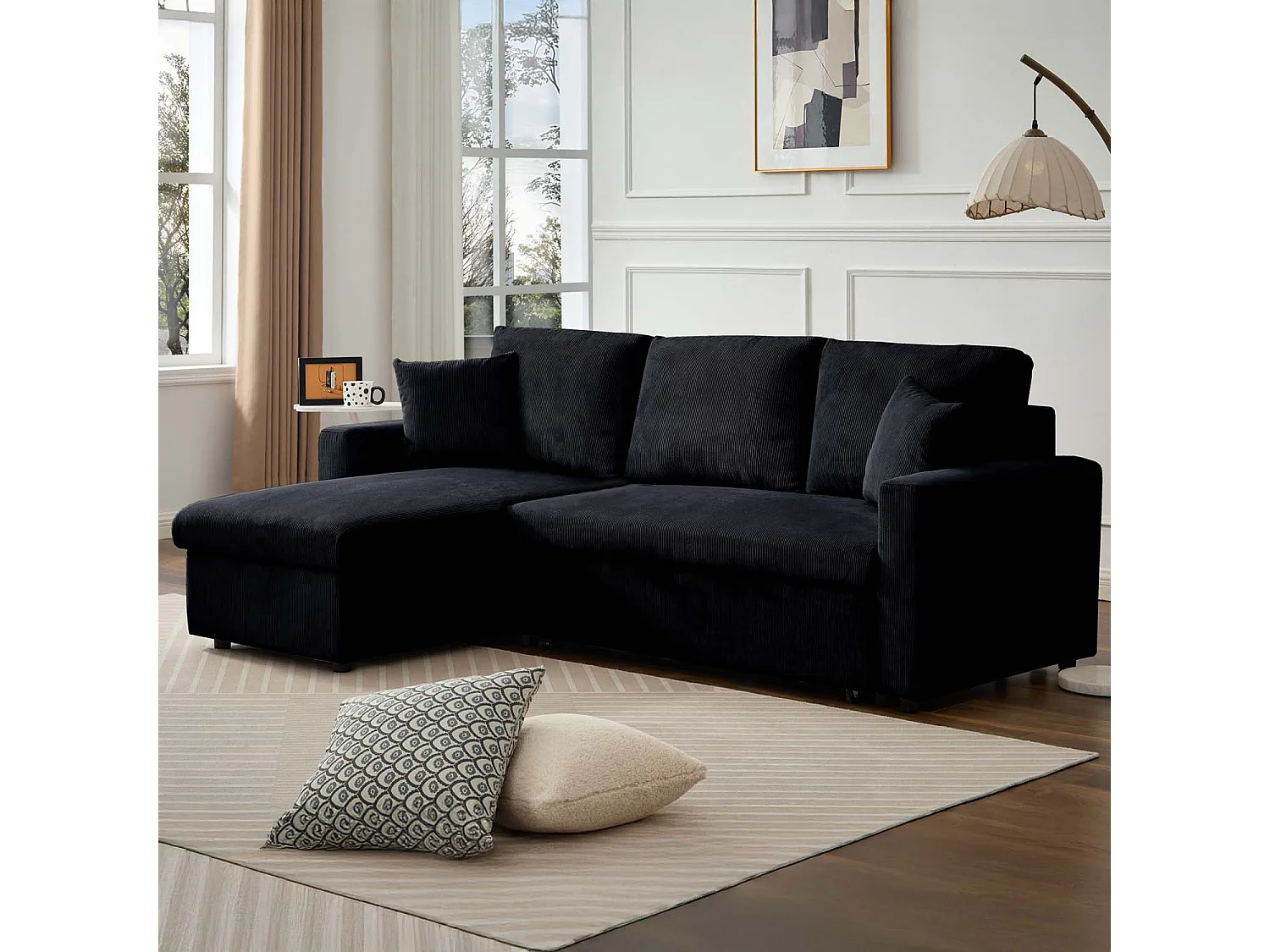 Canapé d'angle convertible Rico velours côtelé Noir