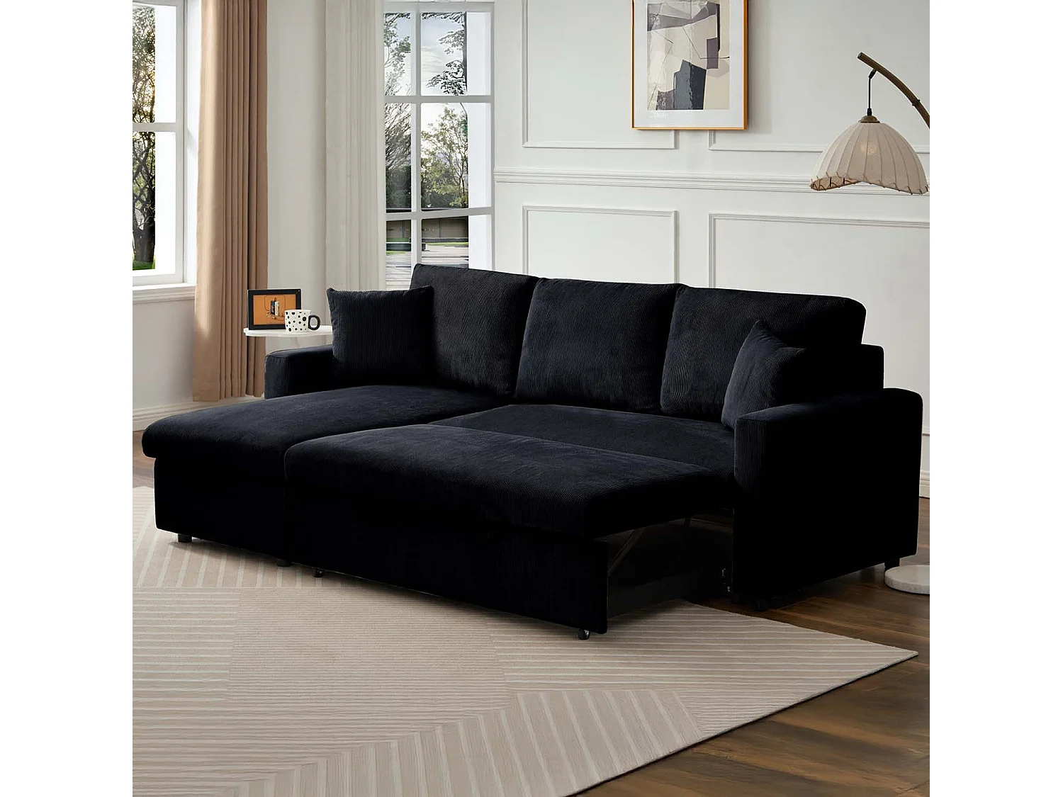Canapé d'angle convertible Rico velours côtelé Noir