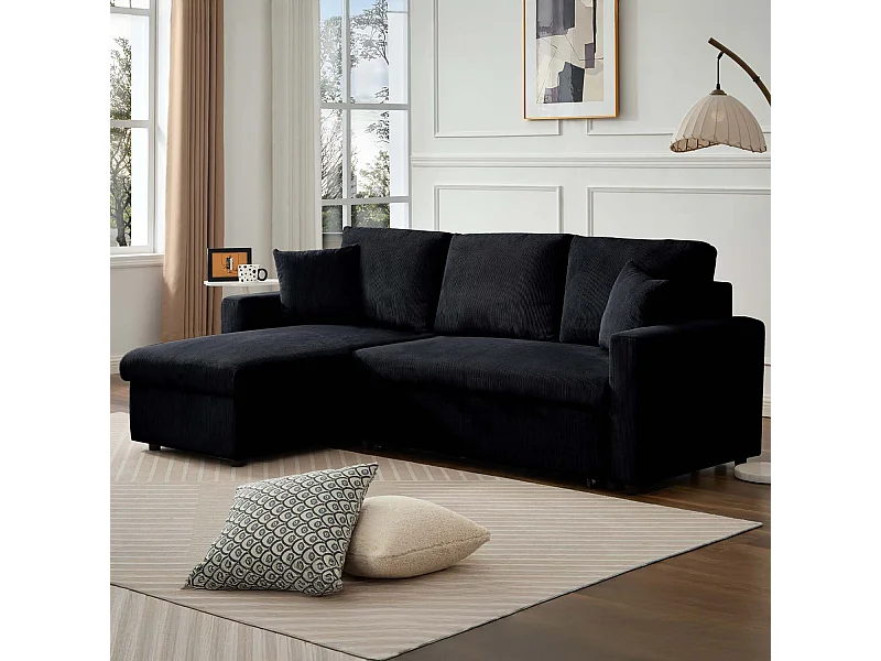 Canapé d'angle convertible Rico velours côtelé Noir