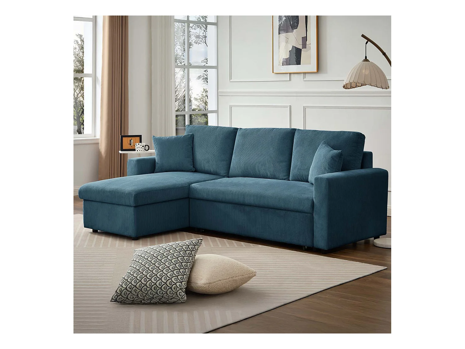 Canapé d'angle convertible Rico velours côtelé Bleu