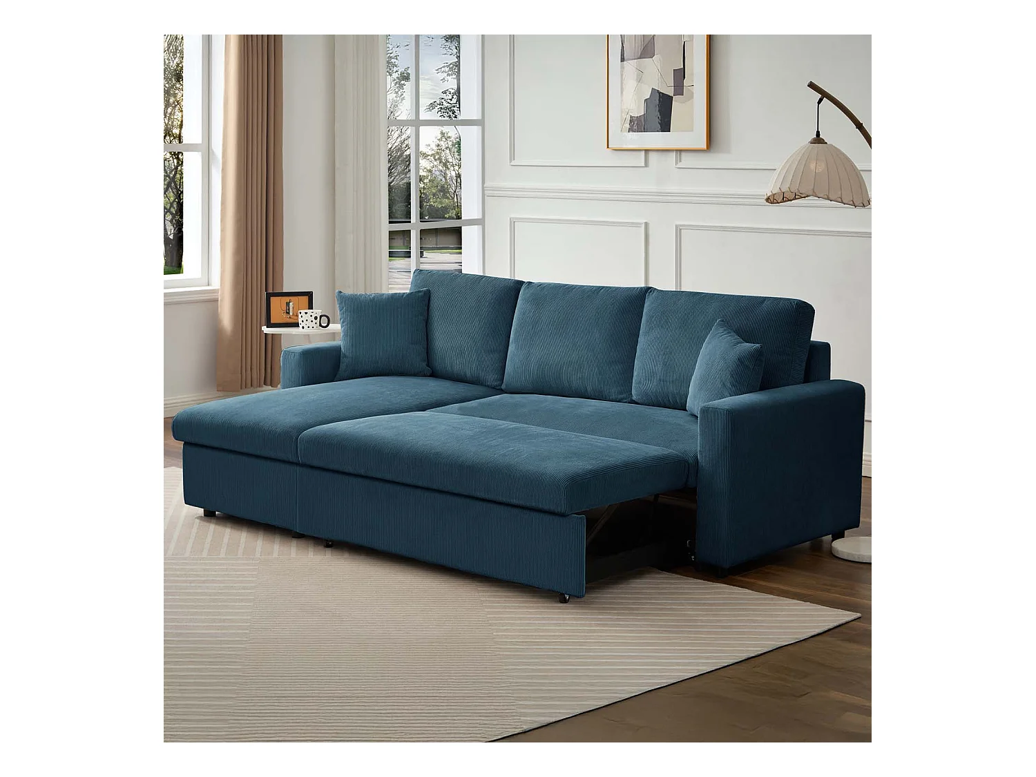Canapé d'angle convertible Rico velours côtelé Bleu