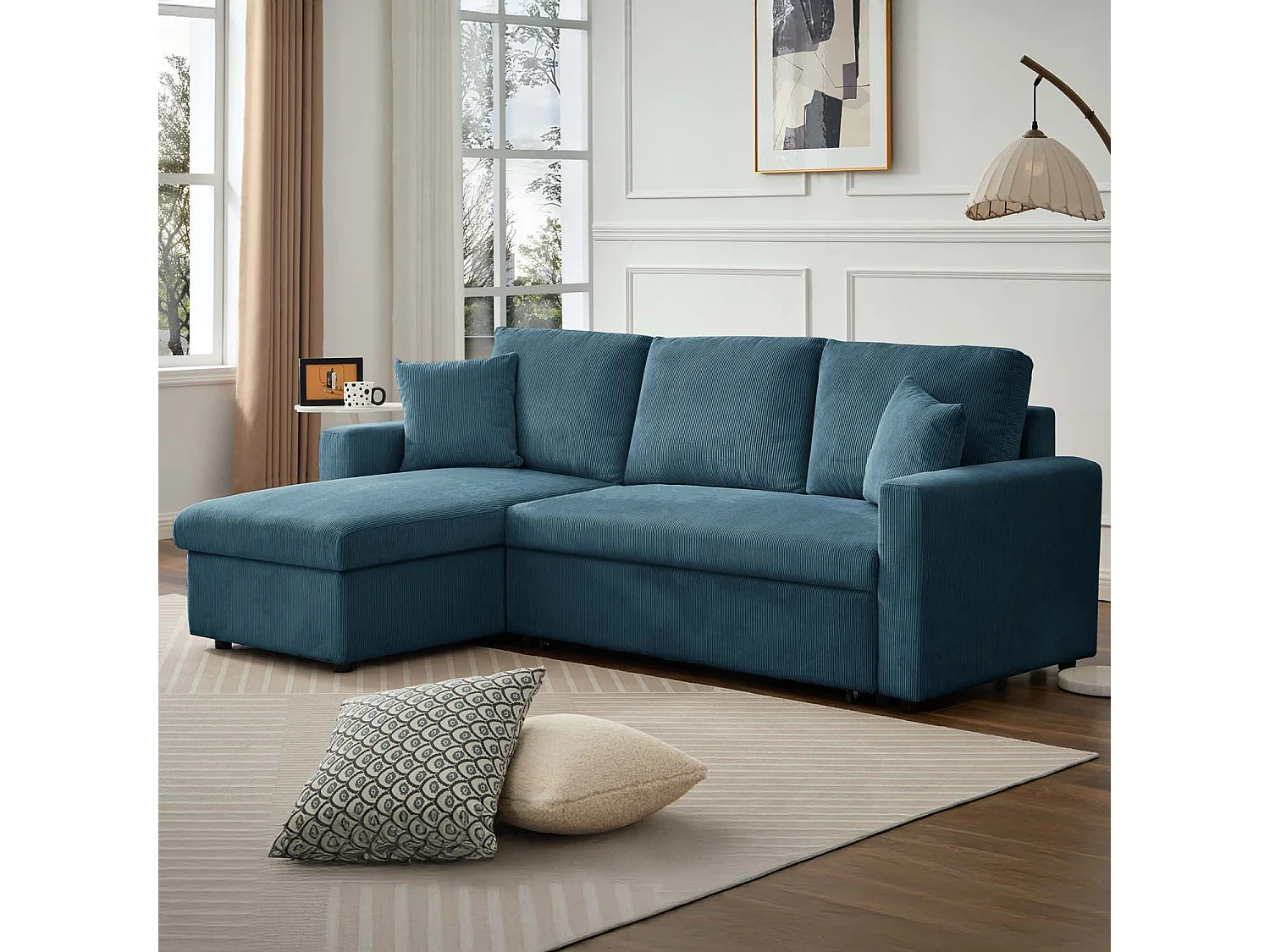 Canapé d'angle convertible Rico velours côtelé Bleu