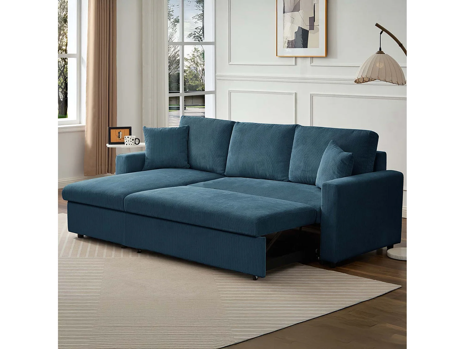 Canapé d'angle convertible Rico velours côtelé Bleu