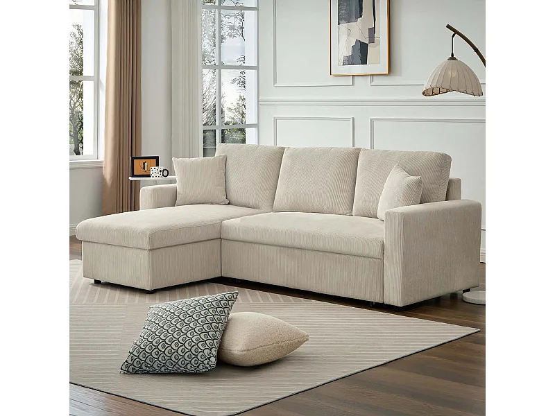 Canapé d'angle convertible Rico velours côtelé Beige