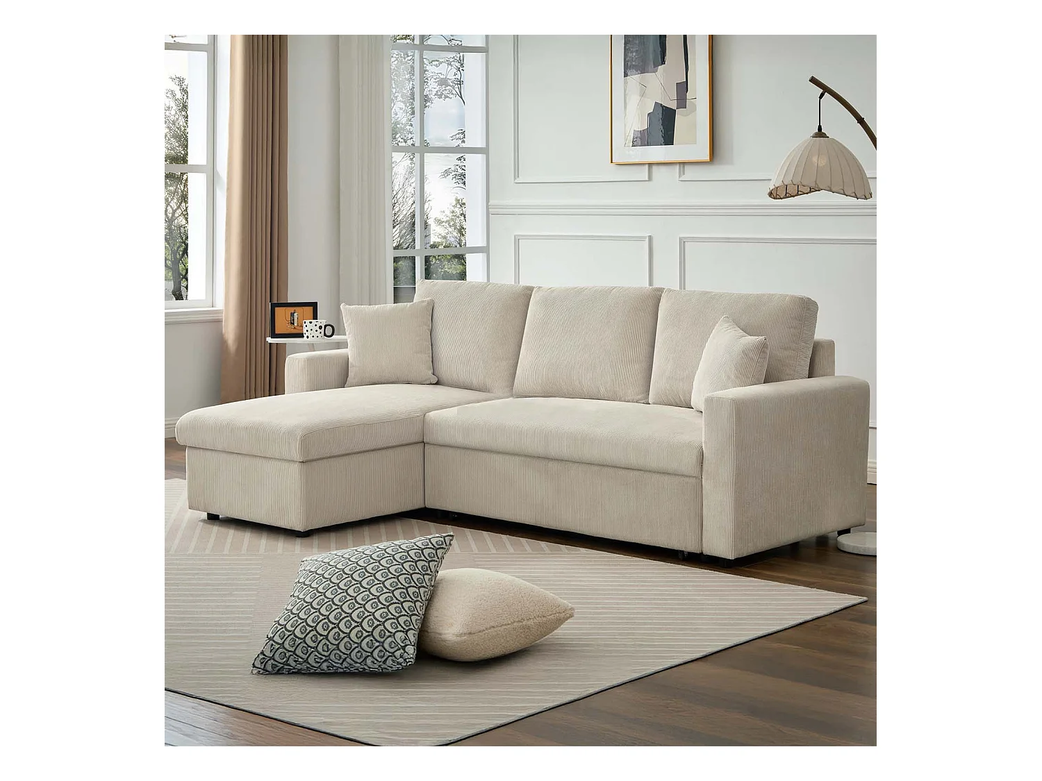 Canapé d'angle convertible Rico velours côtelé Beige