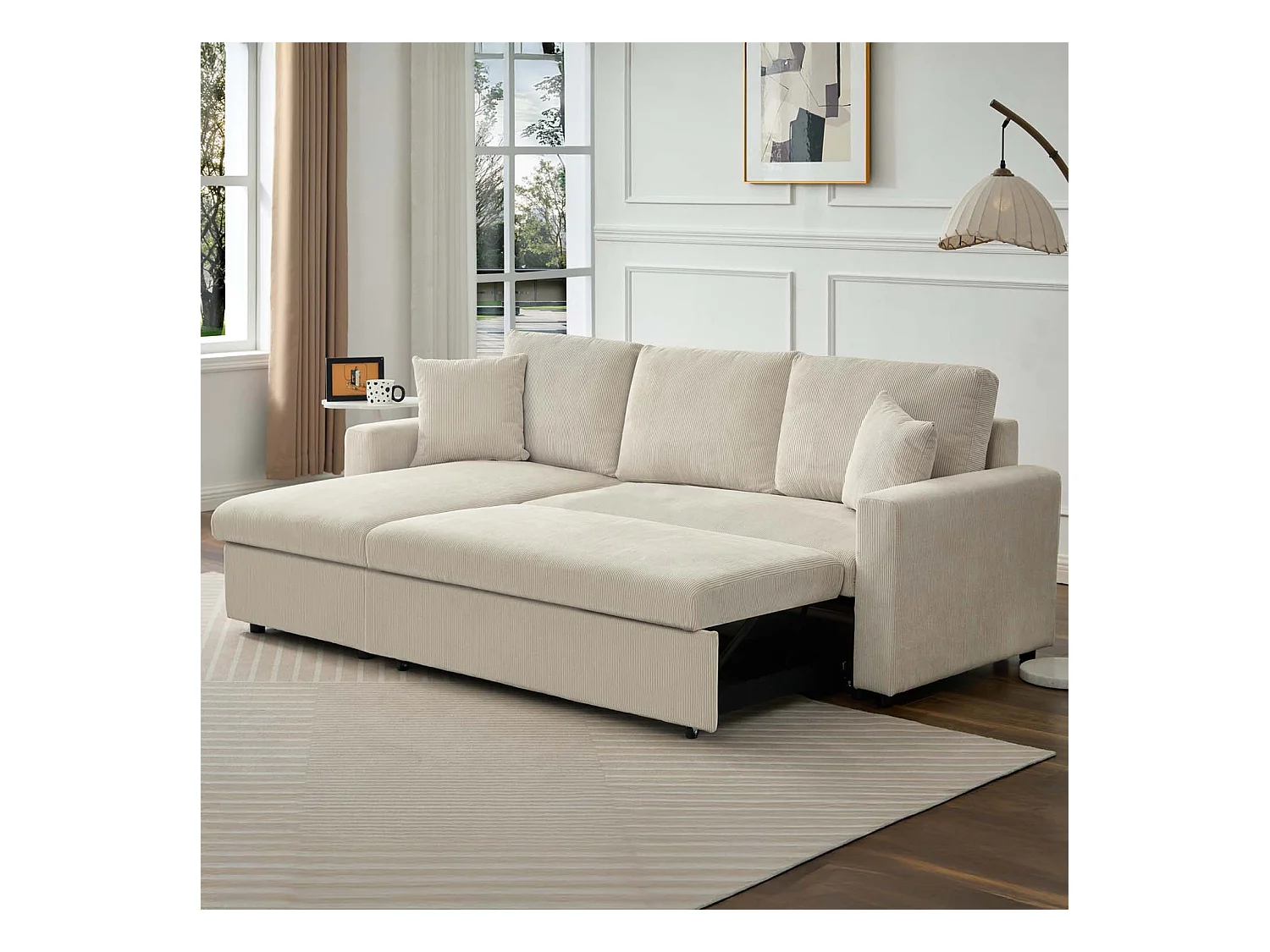 Canapé d'angle convertible Rico velours côtelé Beige