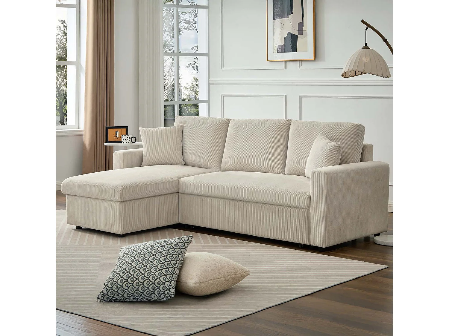 Canapé d'angle convertible Rico velours côtelé Beige