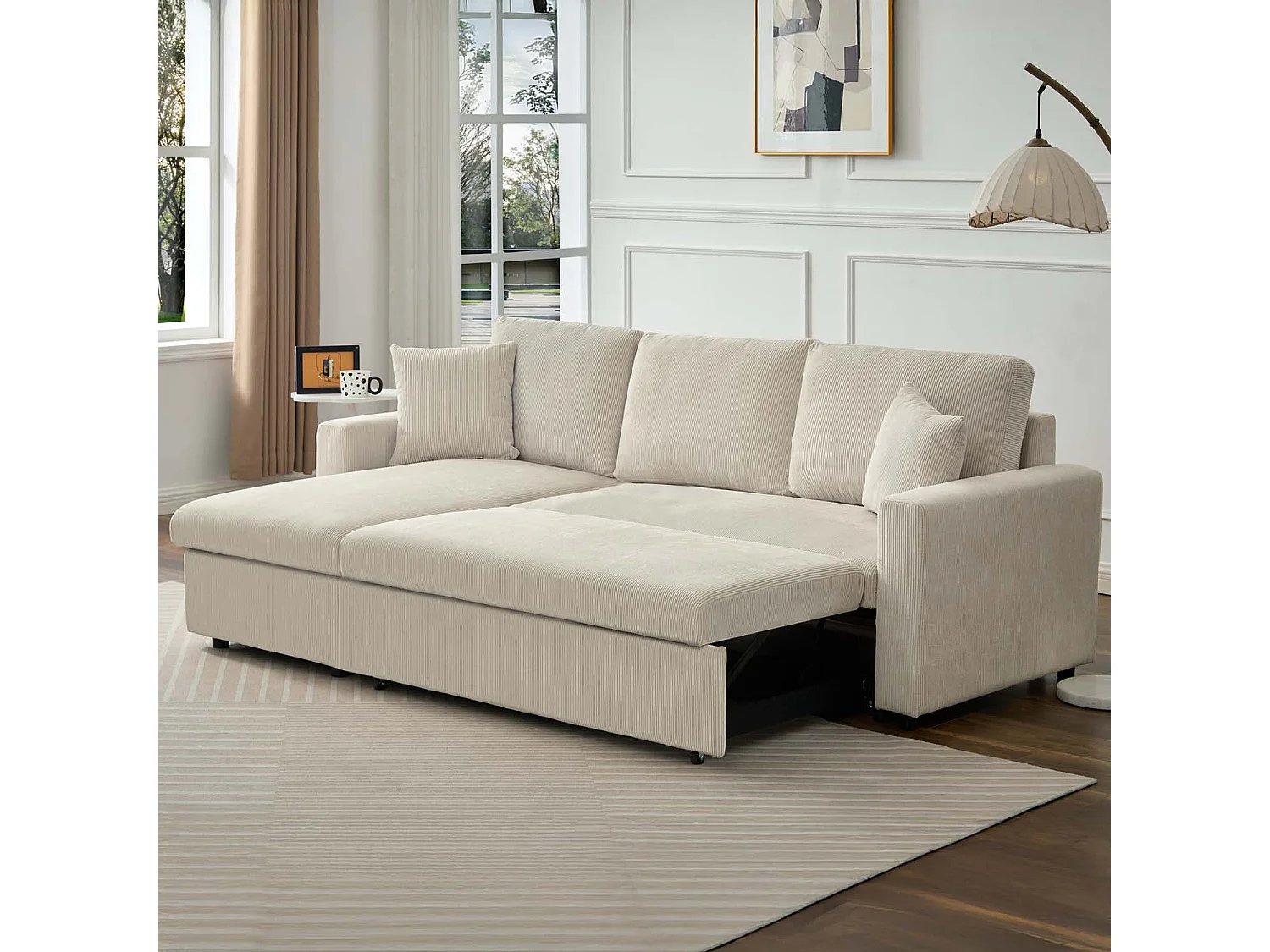 Canapé d'angle convertible Rico velours côtelé Beige