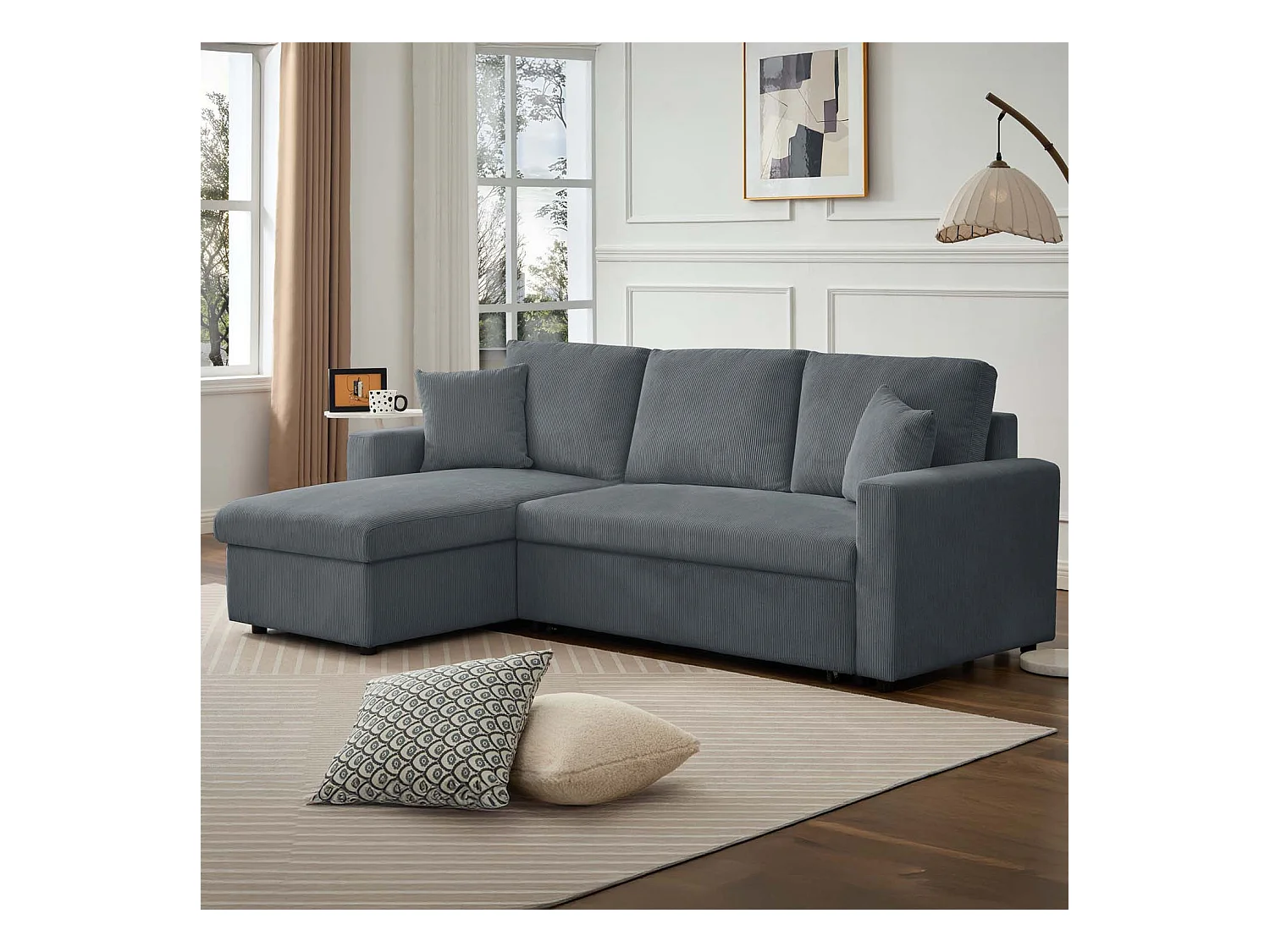 Canapé d'angle convertible Rico velours côtelé Gris foncé
