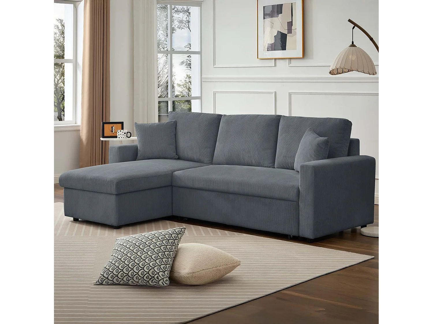 Canapé d'angle convertible Rico velours côtelé Gris foncé