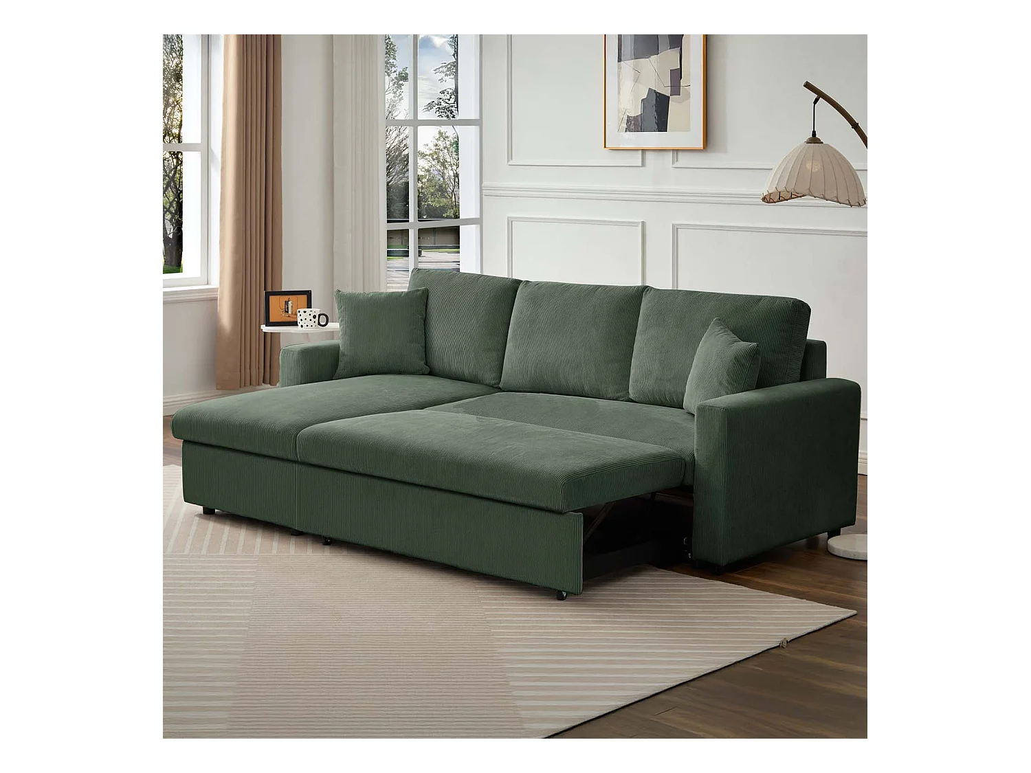 Canapé d'angle convertible Rico velours côtelé Vert