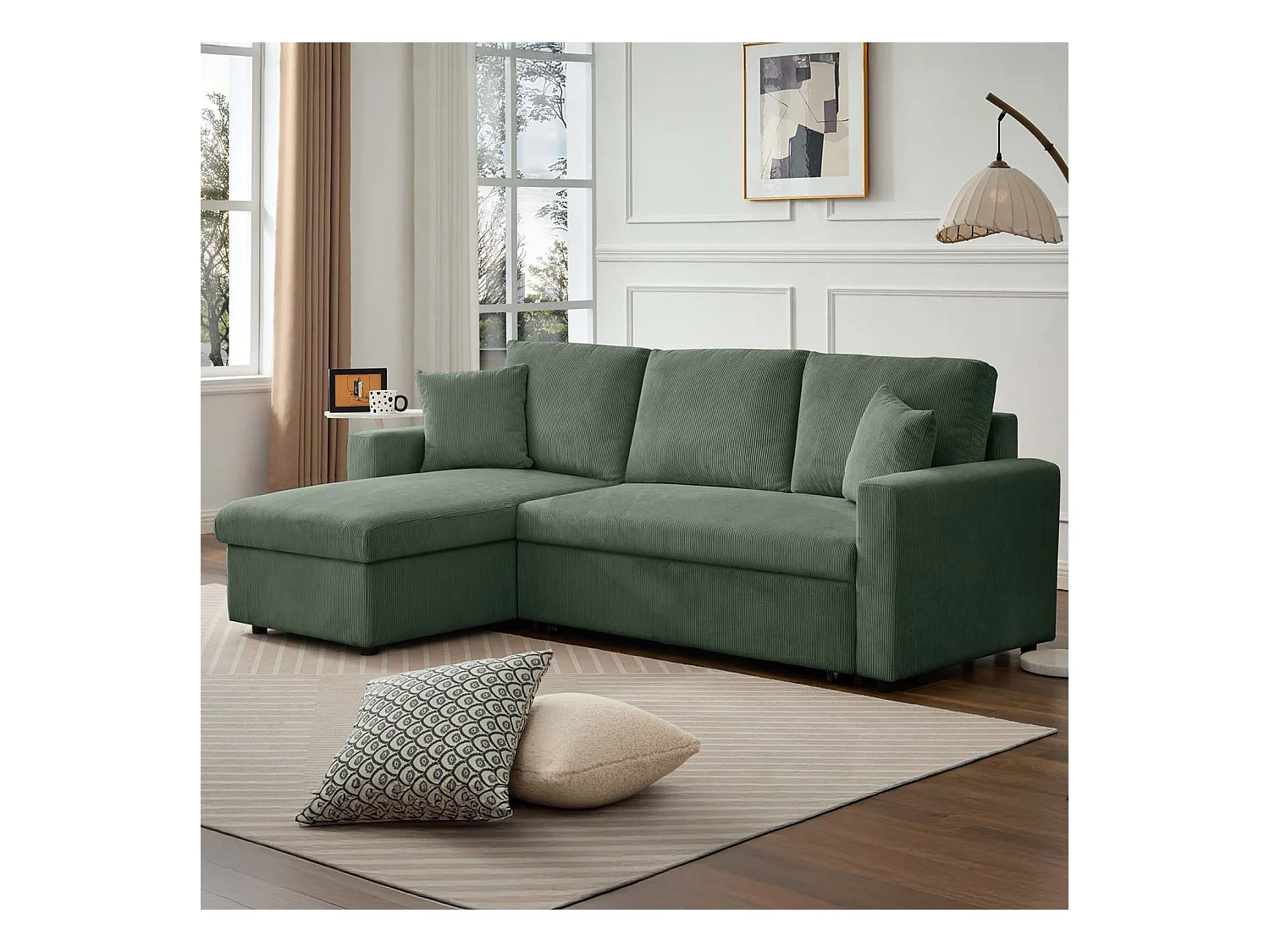Canapé d'angle convertible Rico velours côtelé Vert