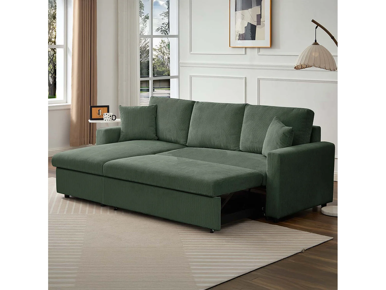 Canapé d'angle convertible Rico velours côtelé Vert