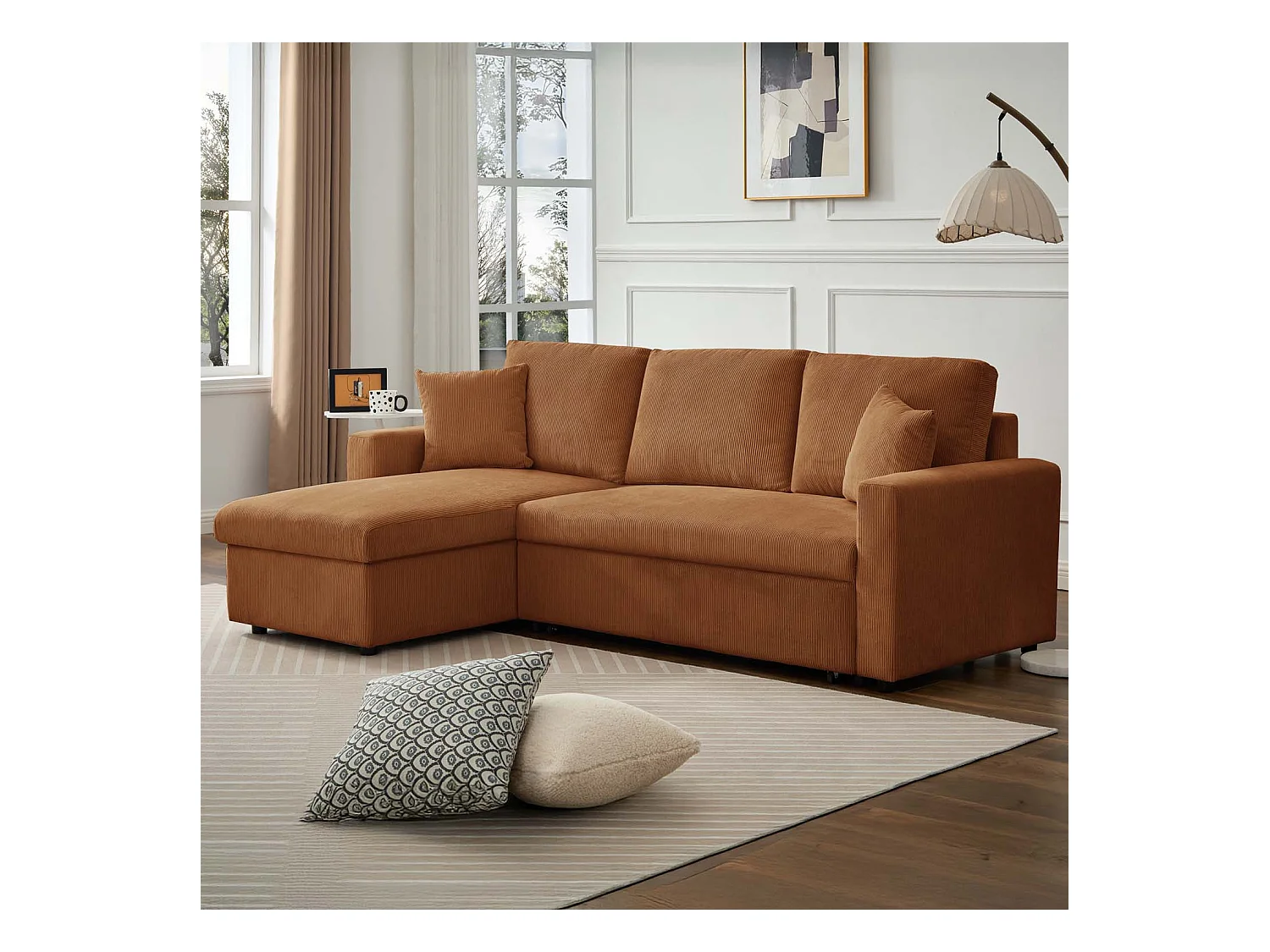 Canapé d'angle convertible Rico velours côtelé Terracotta