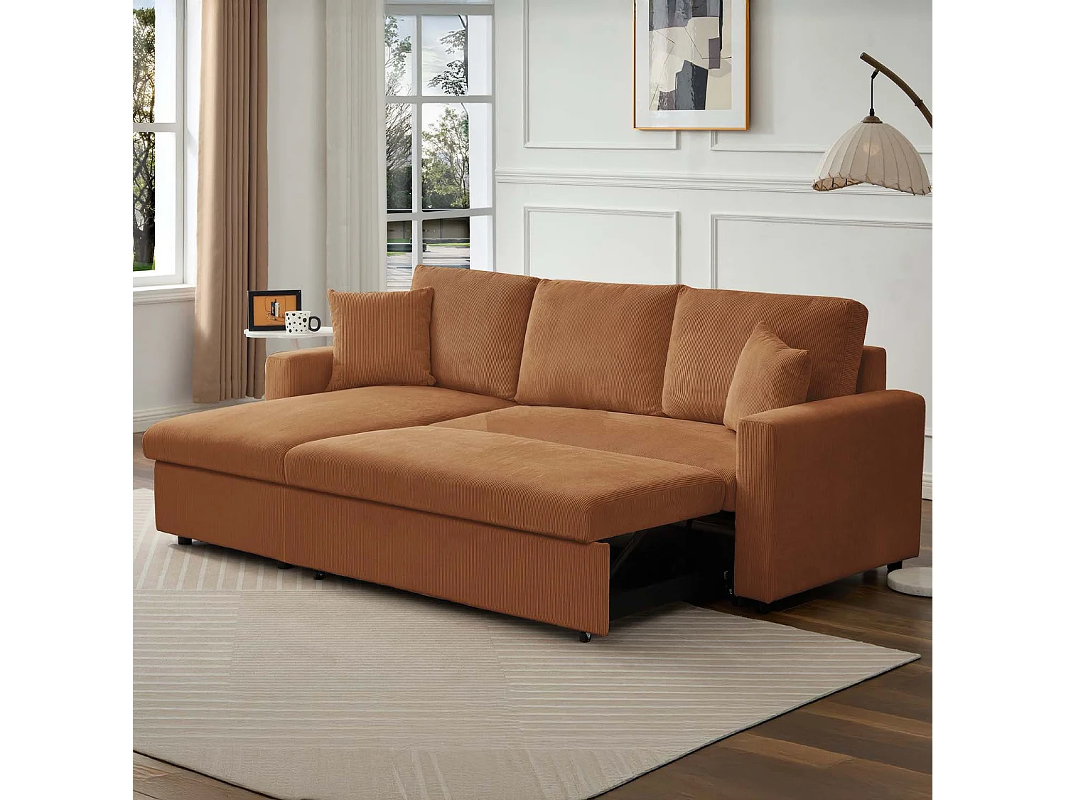 Canapé d'angle convertible Rico velours côtelé Terracotta