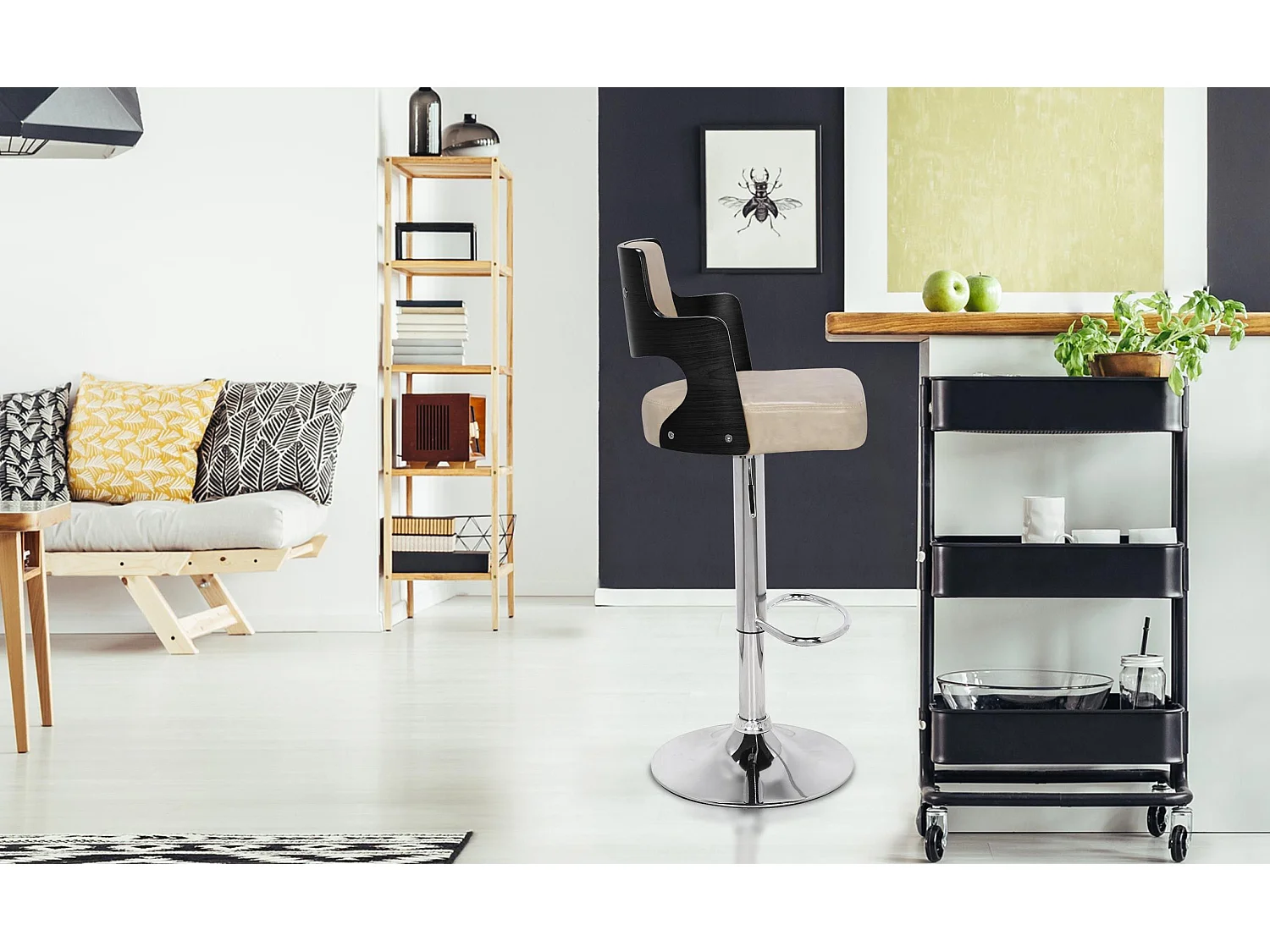 Lot de 8 chaises de bar Russel Bois Noir et Crème