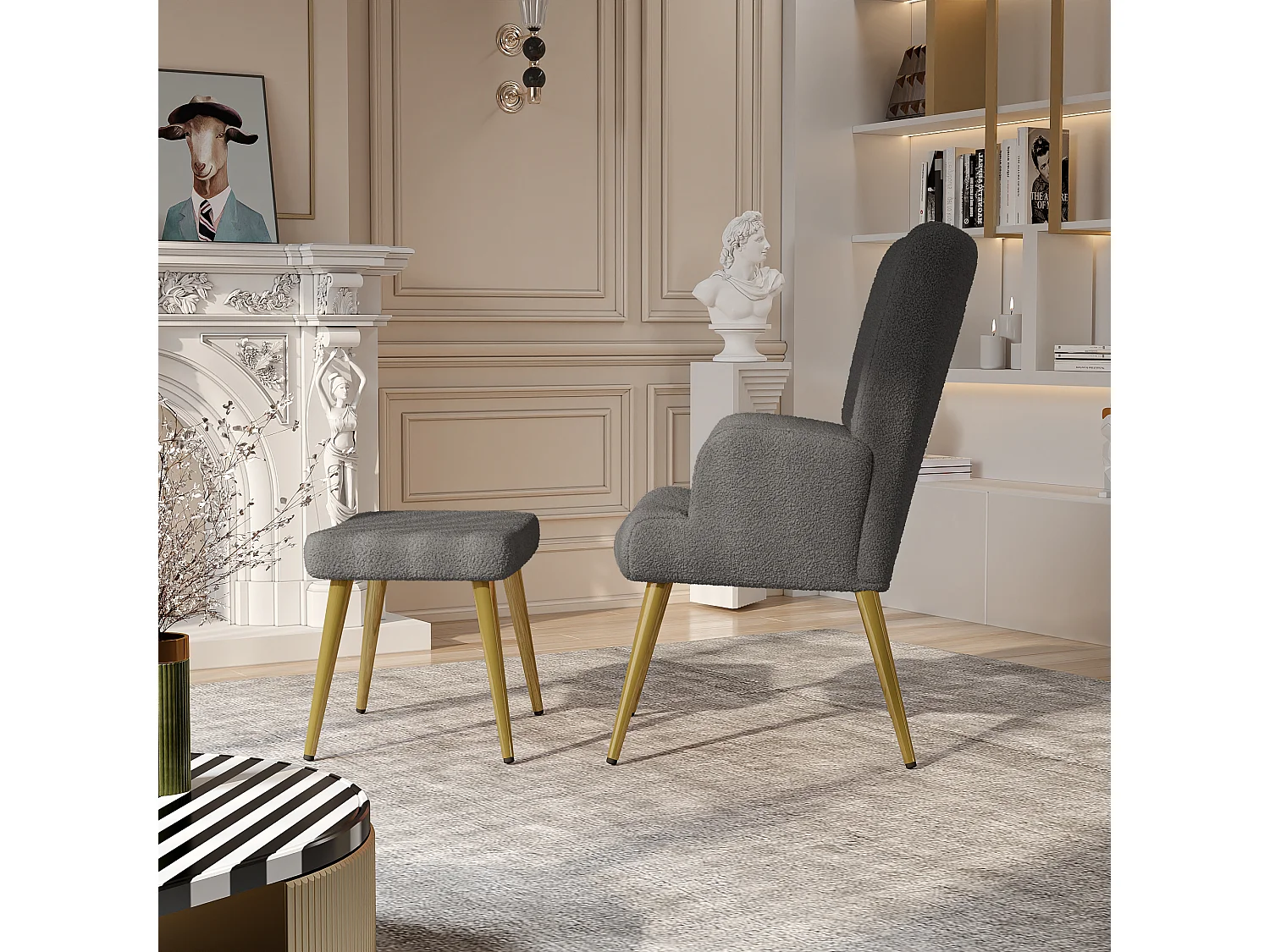 Fauteuil relax avec repose-pieds, Chaise de salle à manger avec laine d'agneau, Moderne, Gris foncé