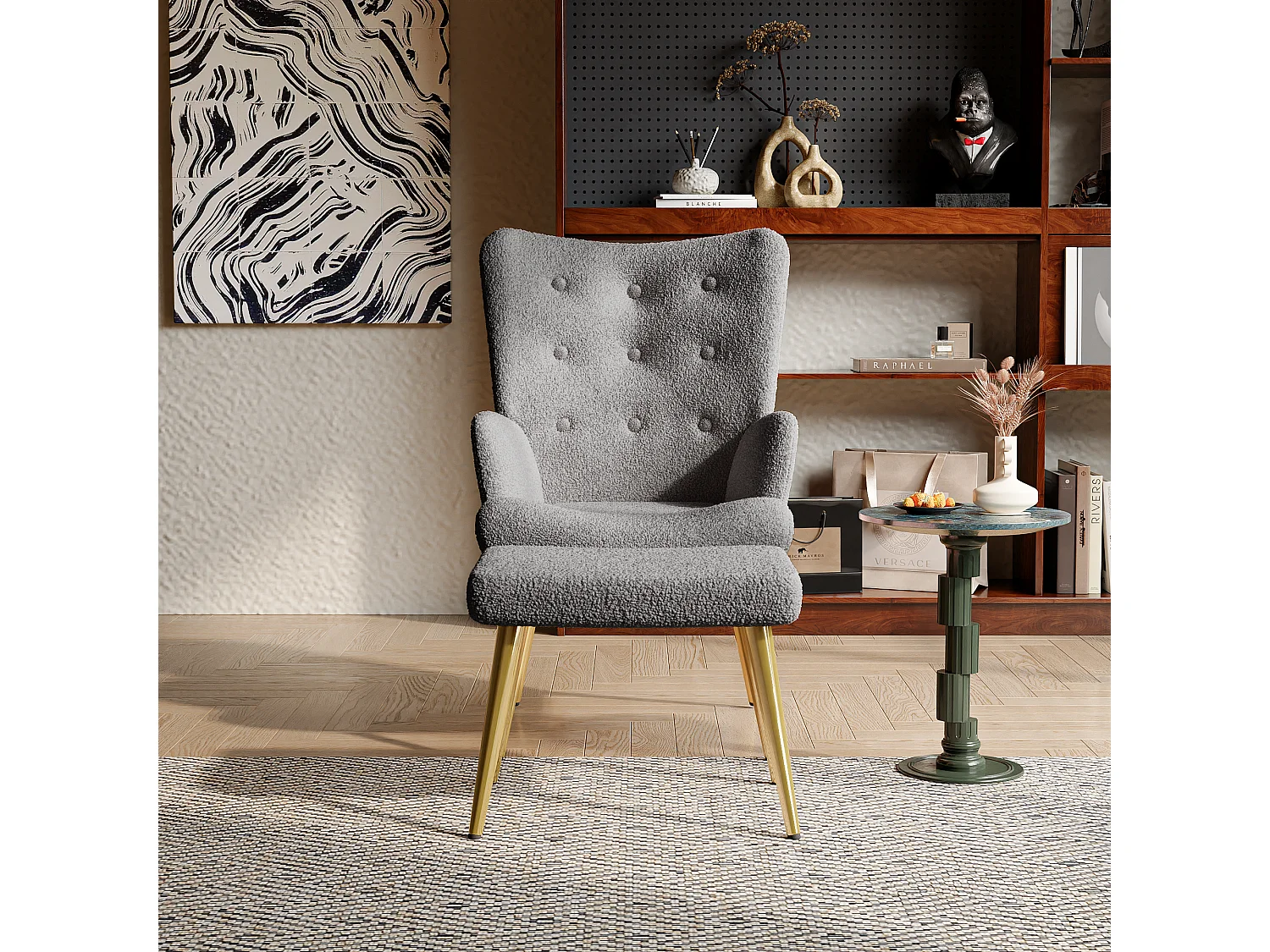 Fauteuil relax avec repose-pieds, Chaise de salle à manger avec laine d'agneau, Moderne, Gris foncé