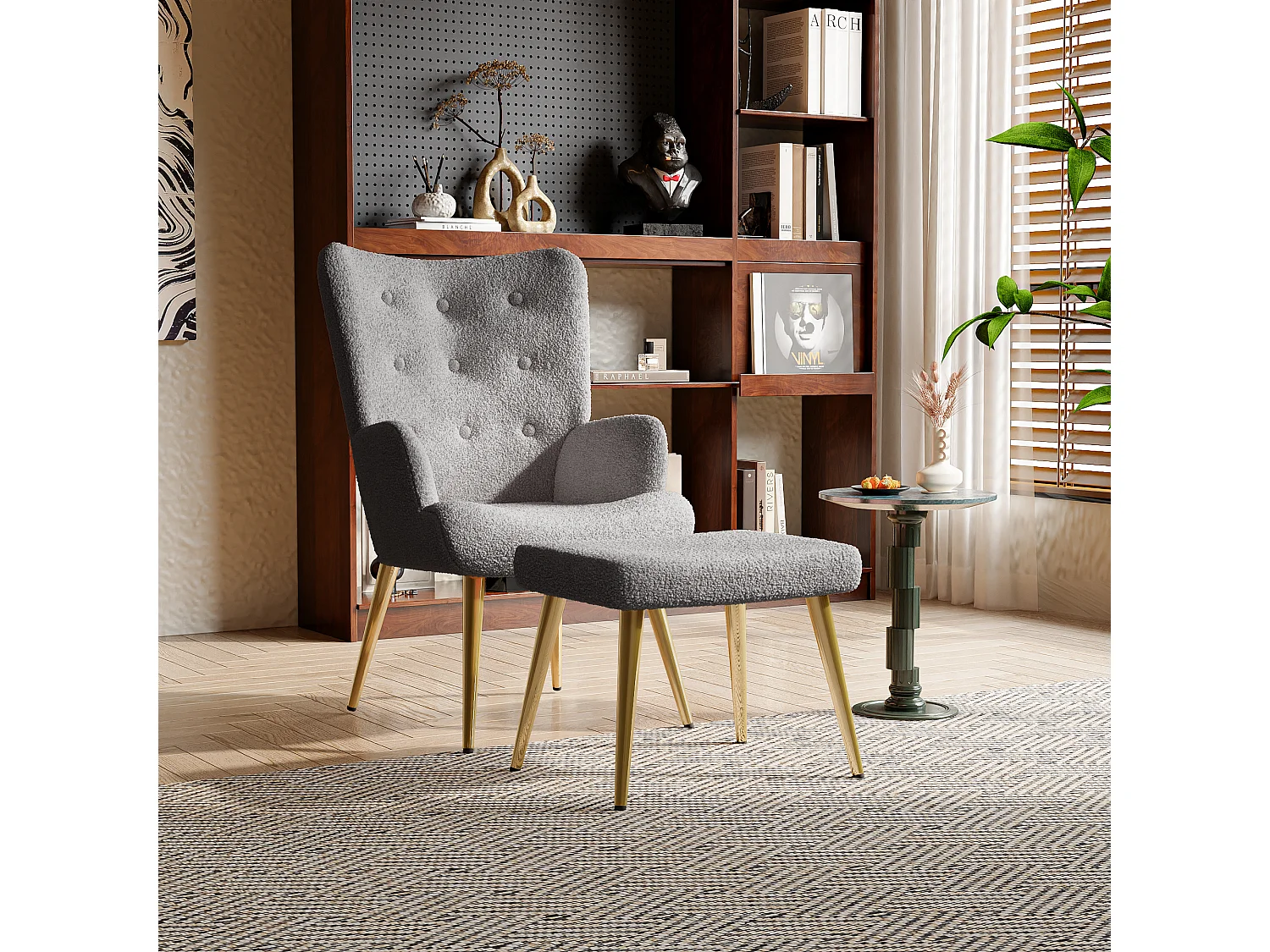Fauteuil relax avec repose-pieds, Chaise de salle à manger avec laine d'agneau, Moderne, Gris foncé