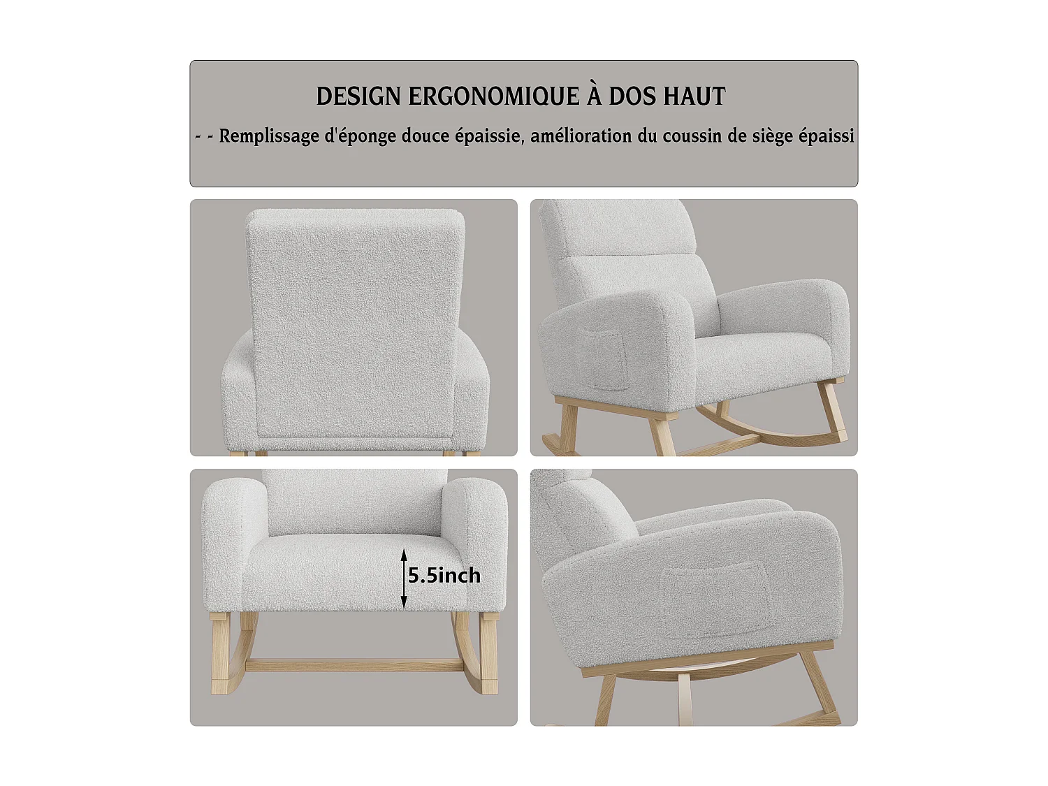 Rocking Chair, Fauteuil Allaitement avec Poche Latérale et Accoudoirs, Pieds en Bois, Gris foncé