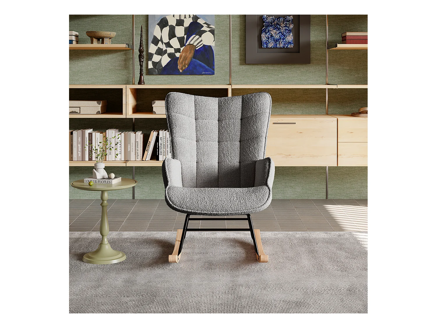 Fauteuil à bascule en peluche Teddy, fauteuil de lecture rembourré, dossier à carreaux, Gris foncé