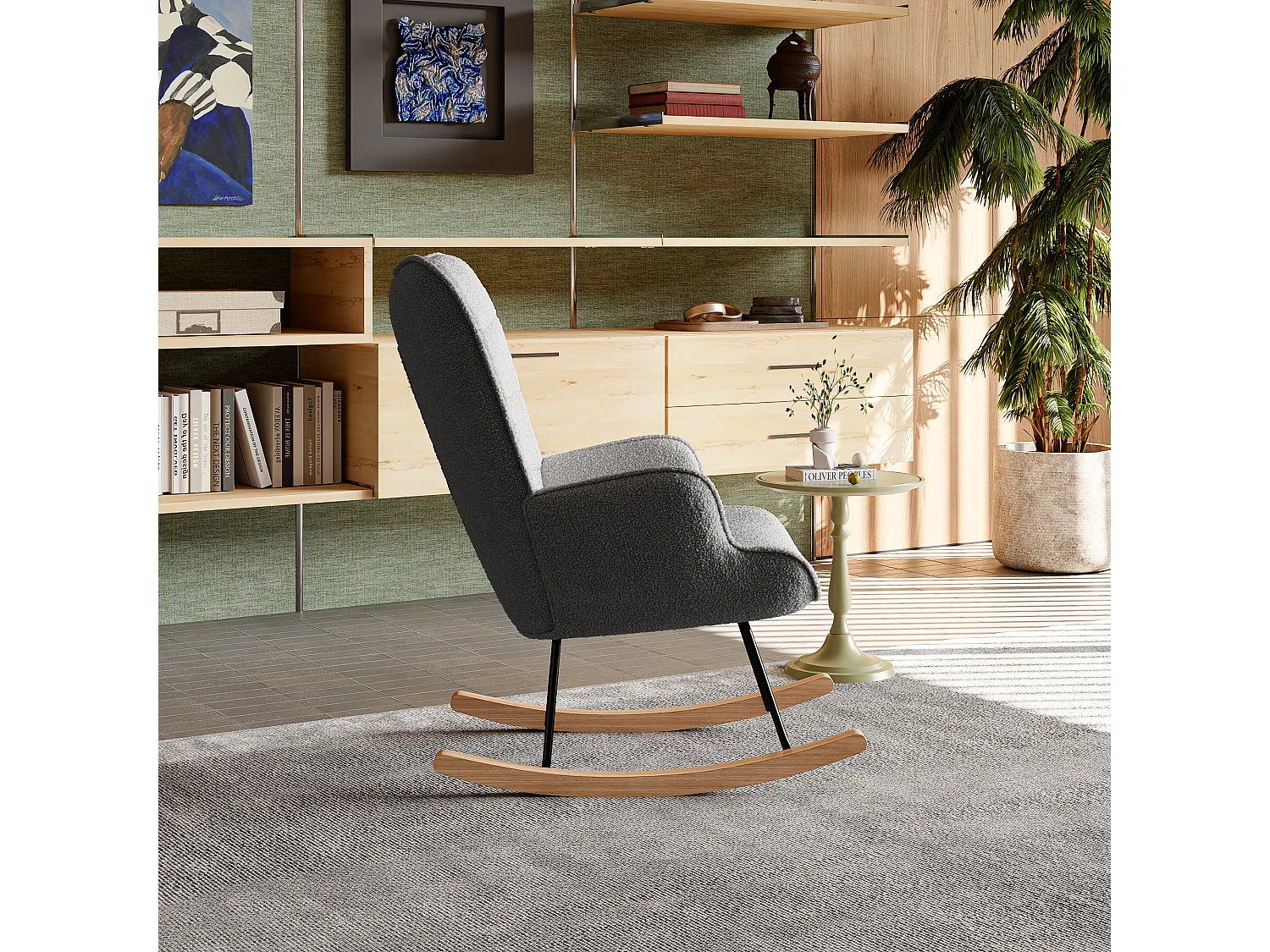 Fauteuil à bascule en peluche Teddy, fauteuil de lecture rembourré, dossier à carreaux, Gris foncé